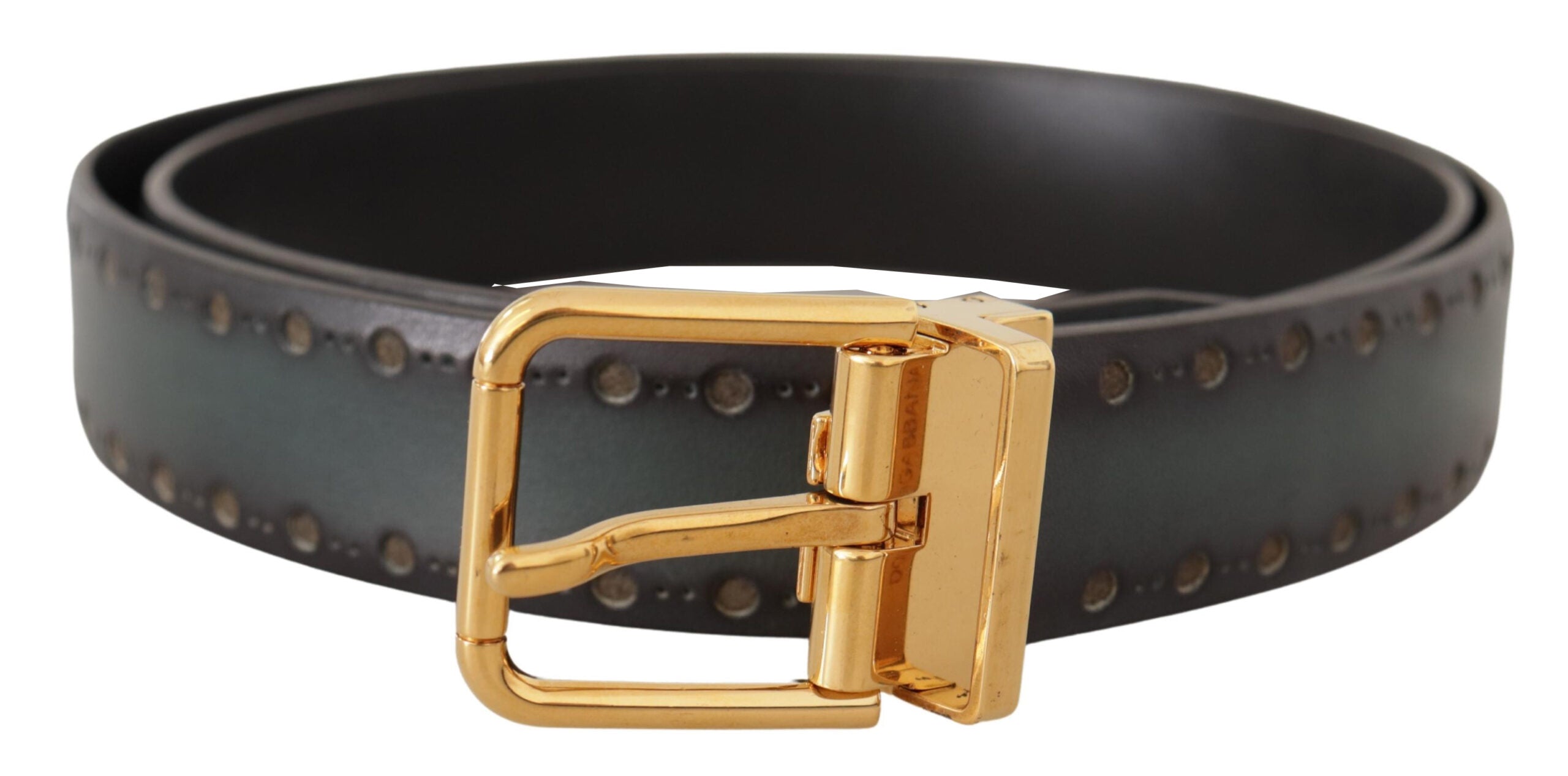 Green Perforated Leather Brass Metal Belt - ventzia