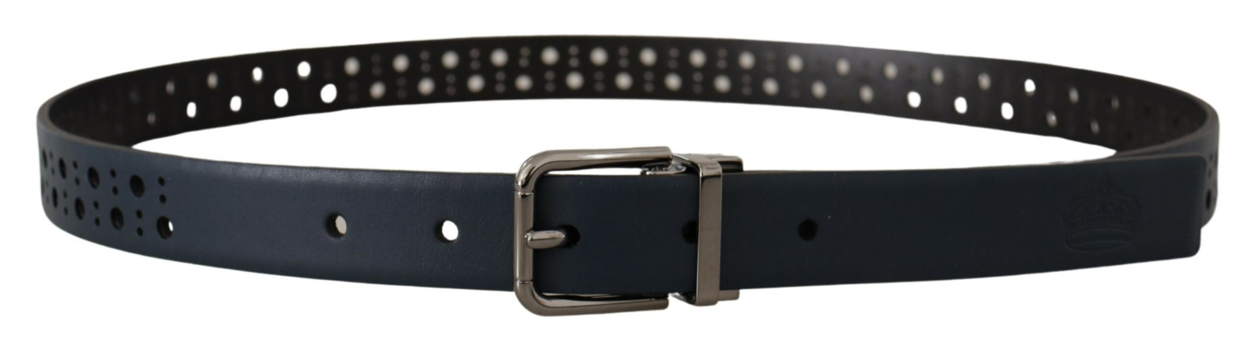 Navy Blue Perforated Leather Skinny Metal Buckle Belt - ventzia