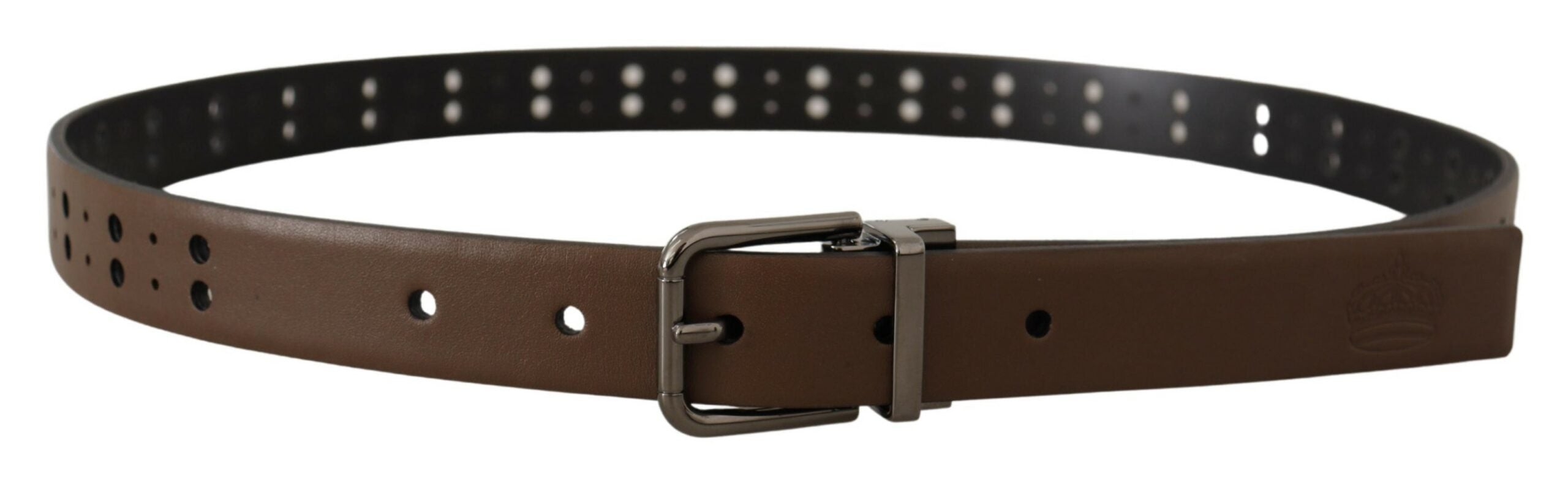 Dark Brown Perforated Leather Metal Belt - ventzia