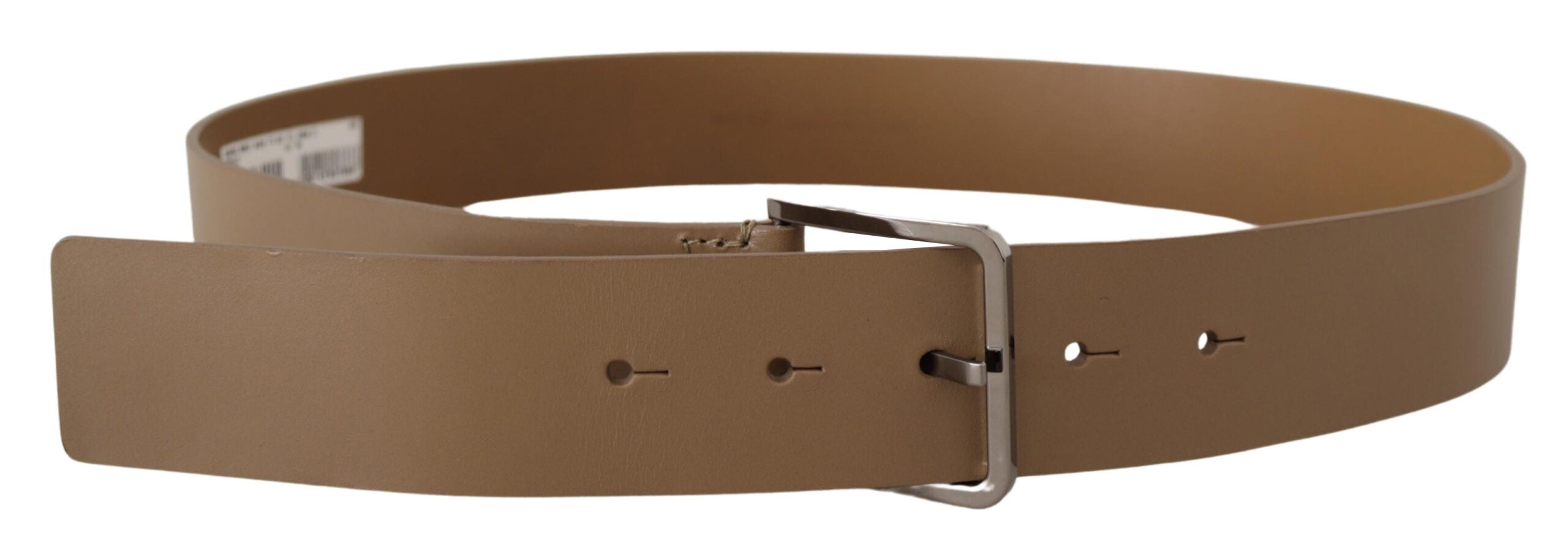 Beige Calf Leather Wide Silver Metal Belt - ventzia