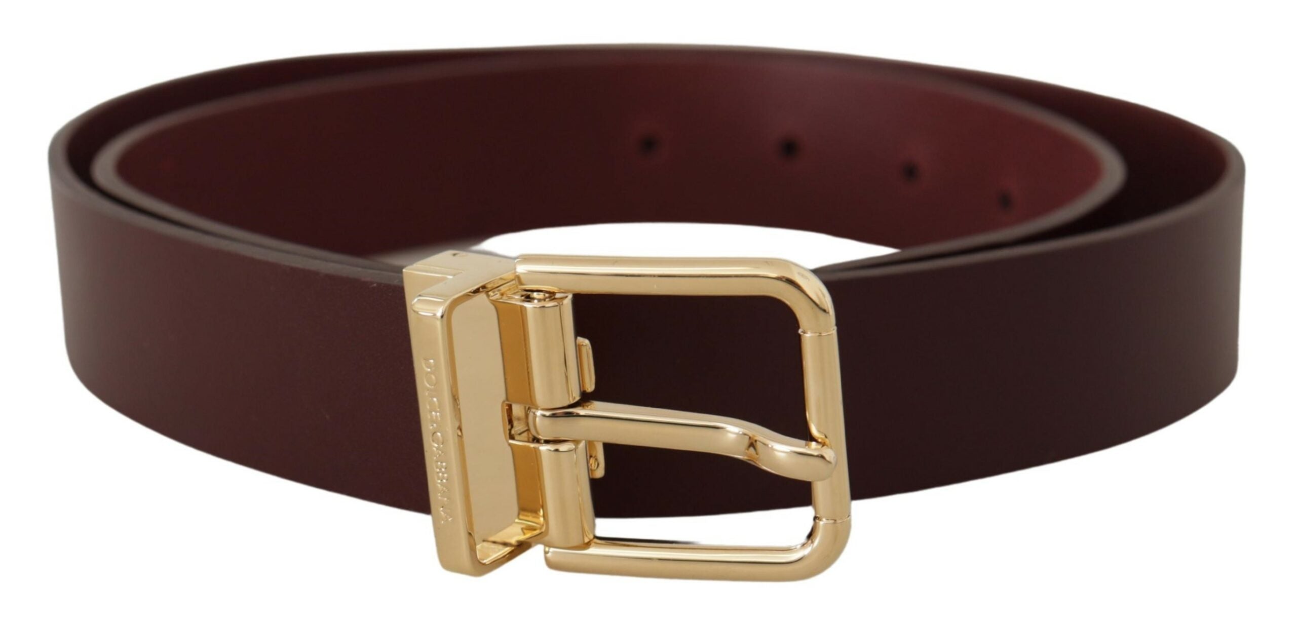 Maroon Vitello Leather Gold Metal Buckle Belt - ventzia