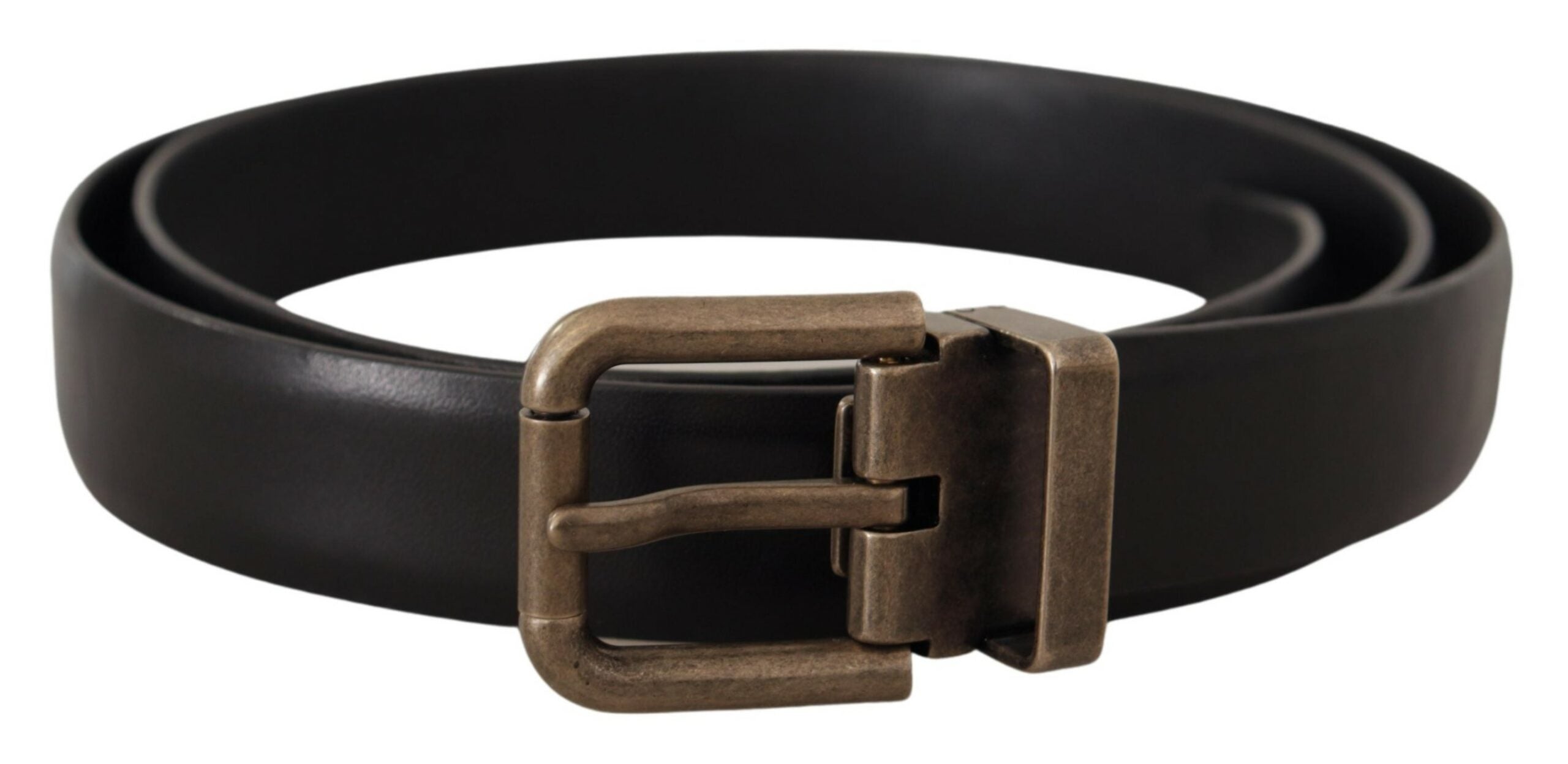 Black Calf Leather Brushed Brass Box Buckle Belt - ventzia