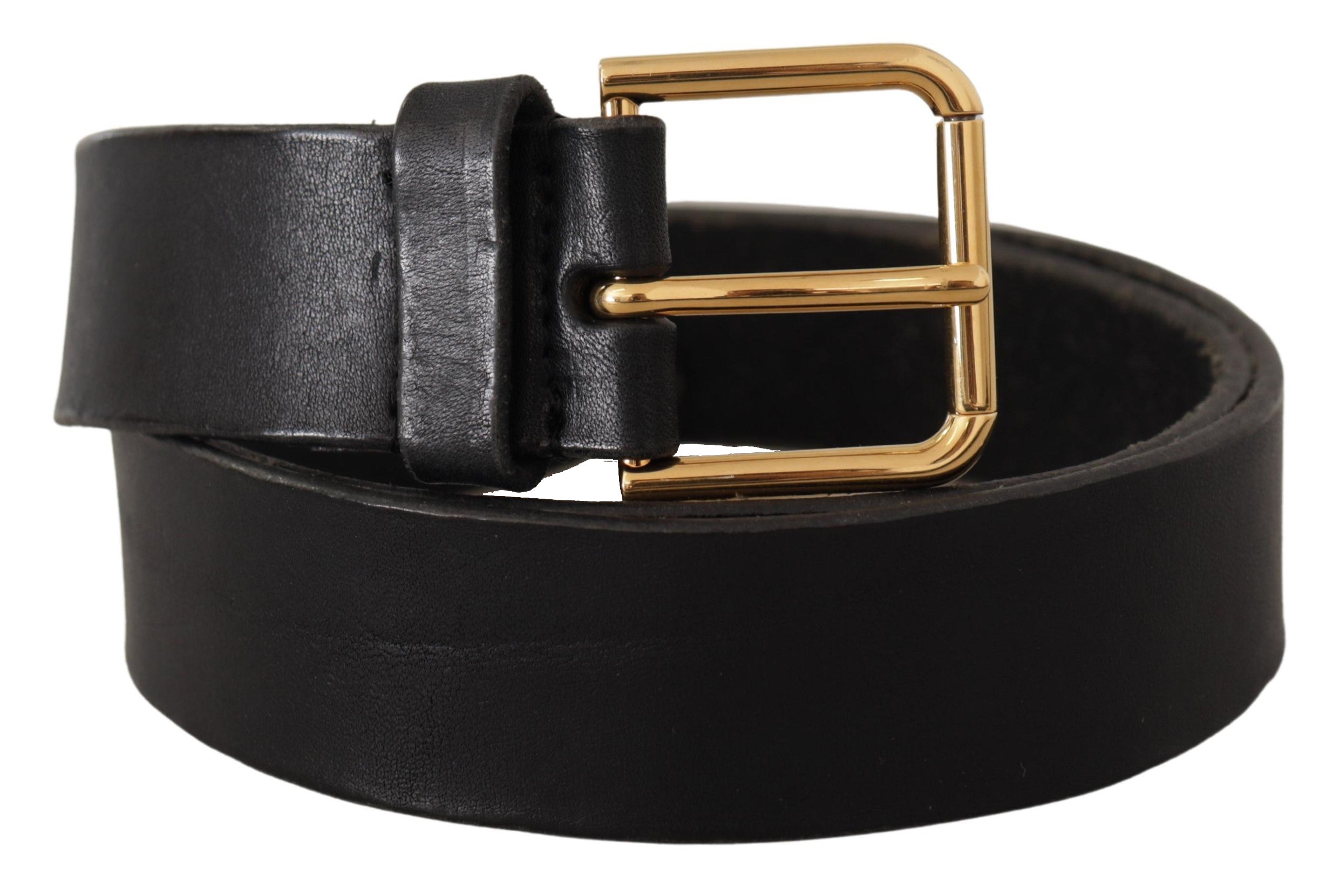 Black Leather Gold Tone Logo Metal Buckle Belt - ventzia