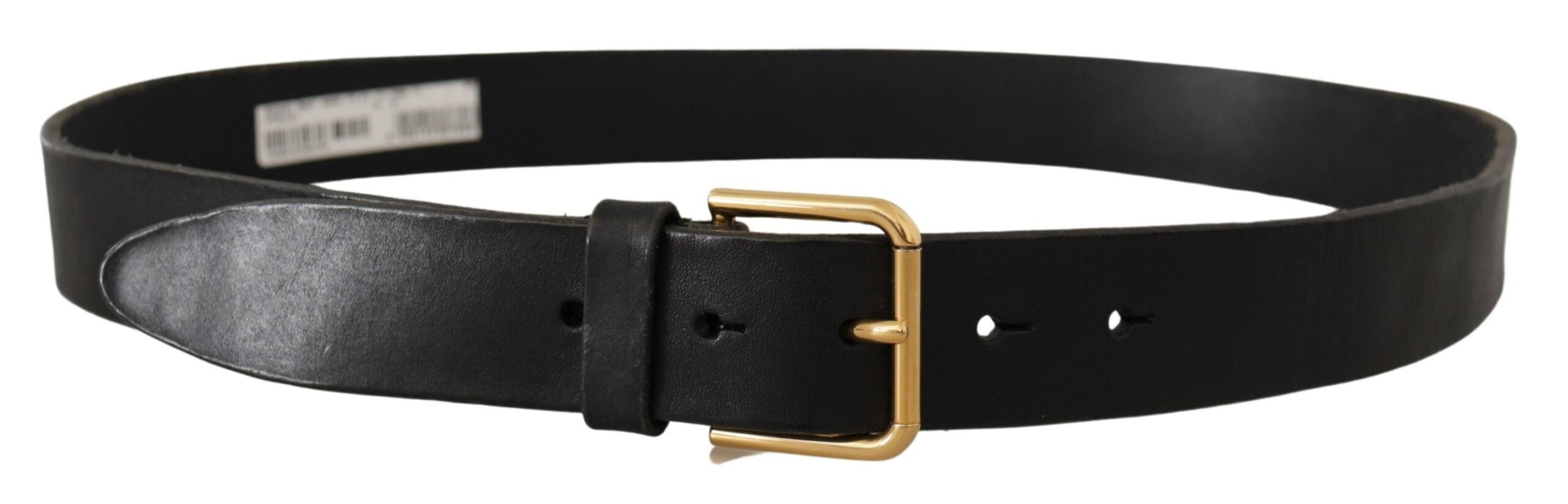 Black Leather Gold Tone Logo Metal Buckle Belt - ventzia