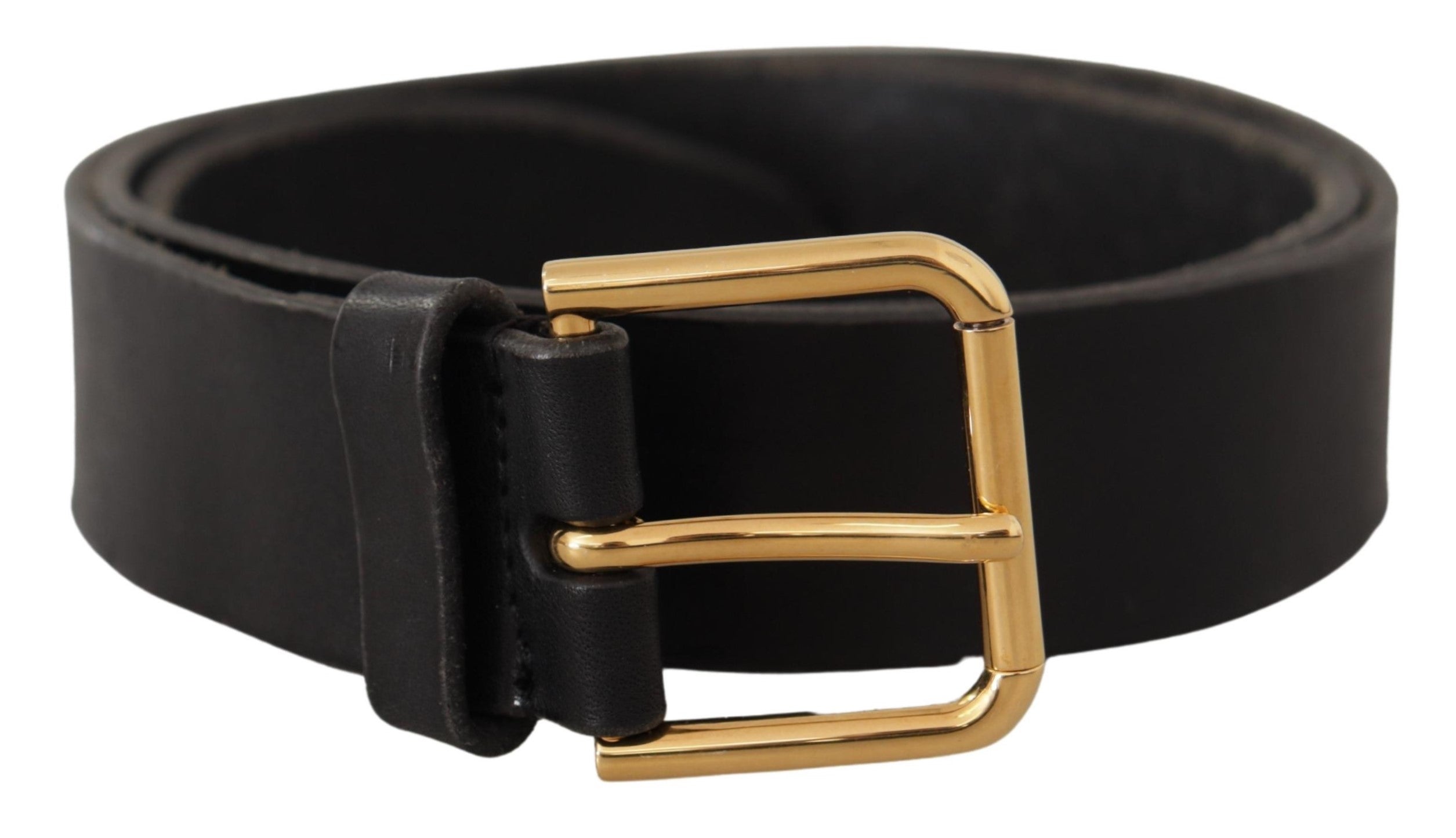 Black Leather Gold Tone Logo Metal Buckle Belt - ventzia