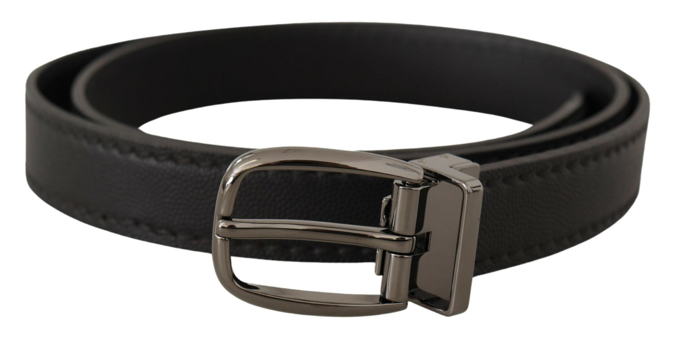 Black Leather Metal Logo Buckle Belt - ventzia