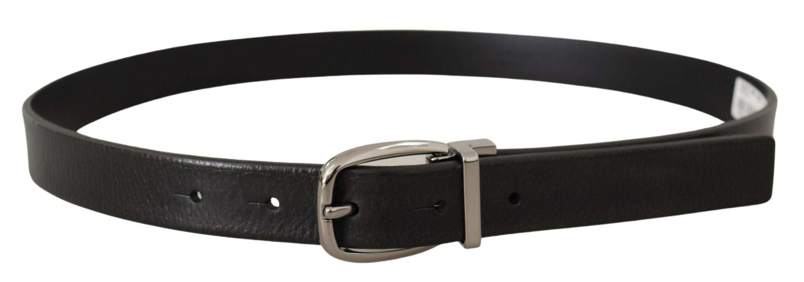 Black Leather Silver Chrome Metal Logo Buckle Belt - ventzia