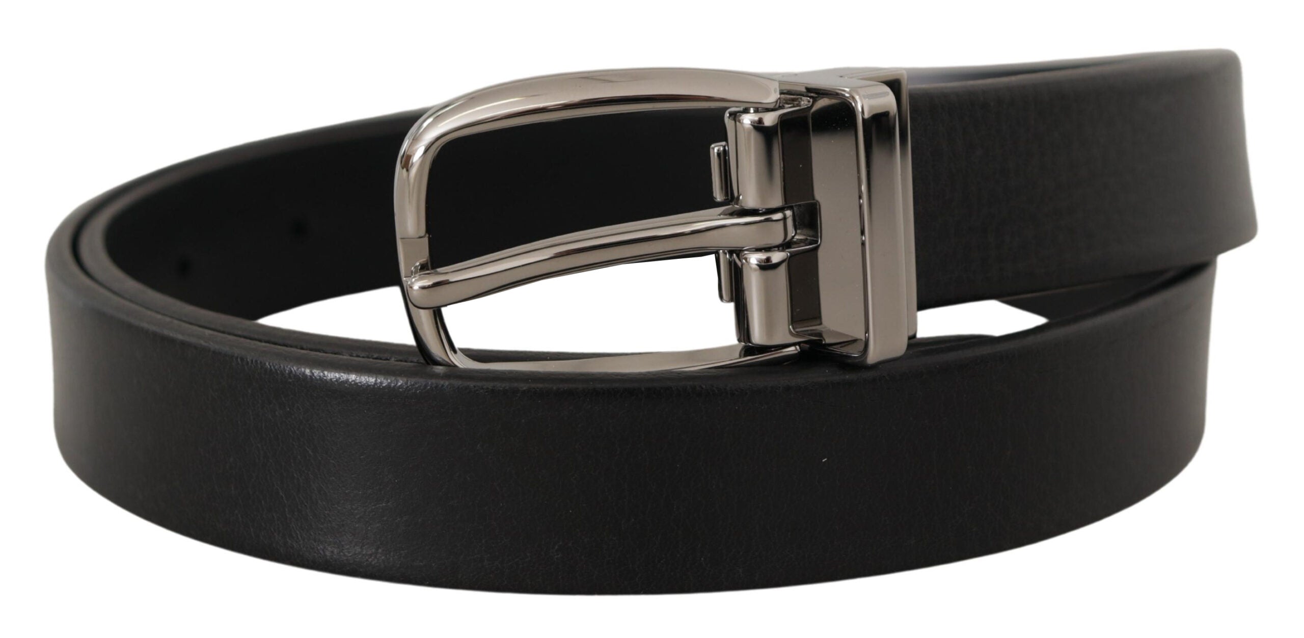Black Leather Silver Chrome Metal Logo Buckle Belt - ventzia