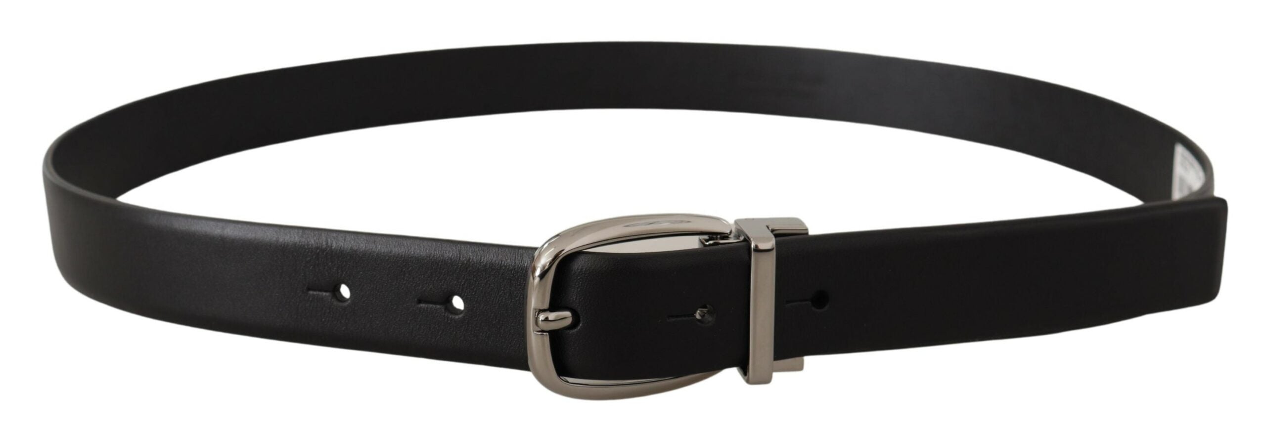 Black Leather Silver Metal Chrome Logo Buckle Belt - ventzia