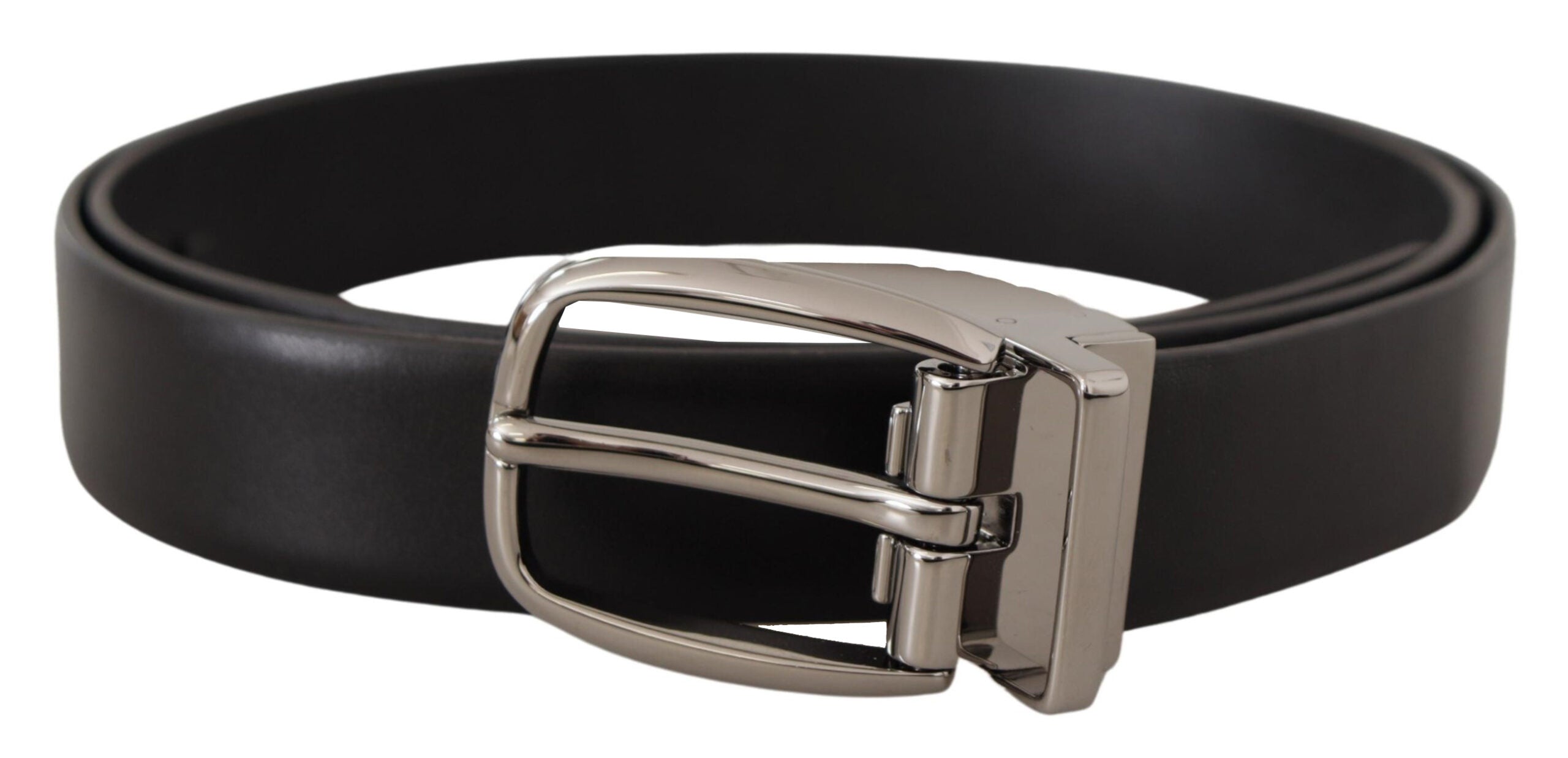Black Leather Silver Metal Chrome Logo Buckle Belt - ventzia