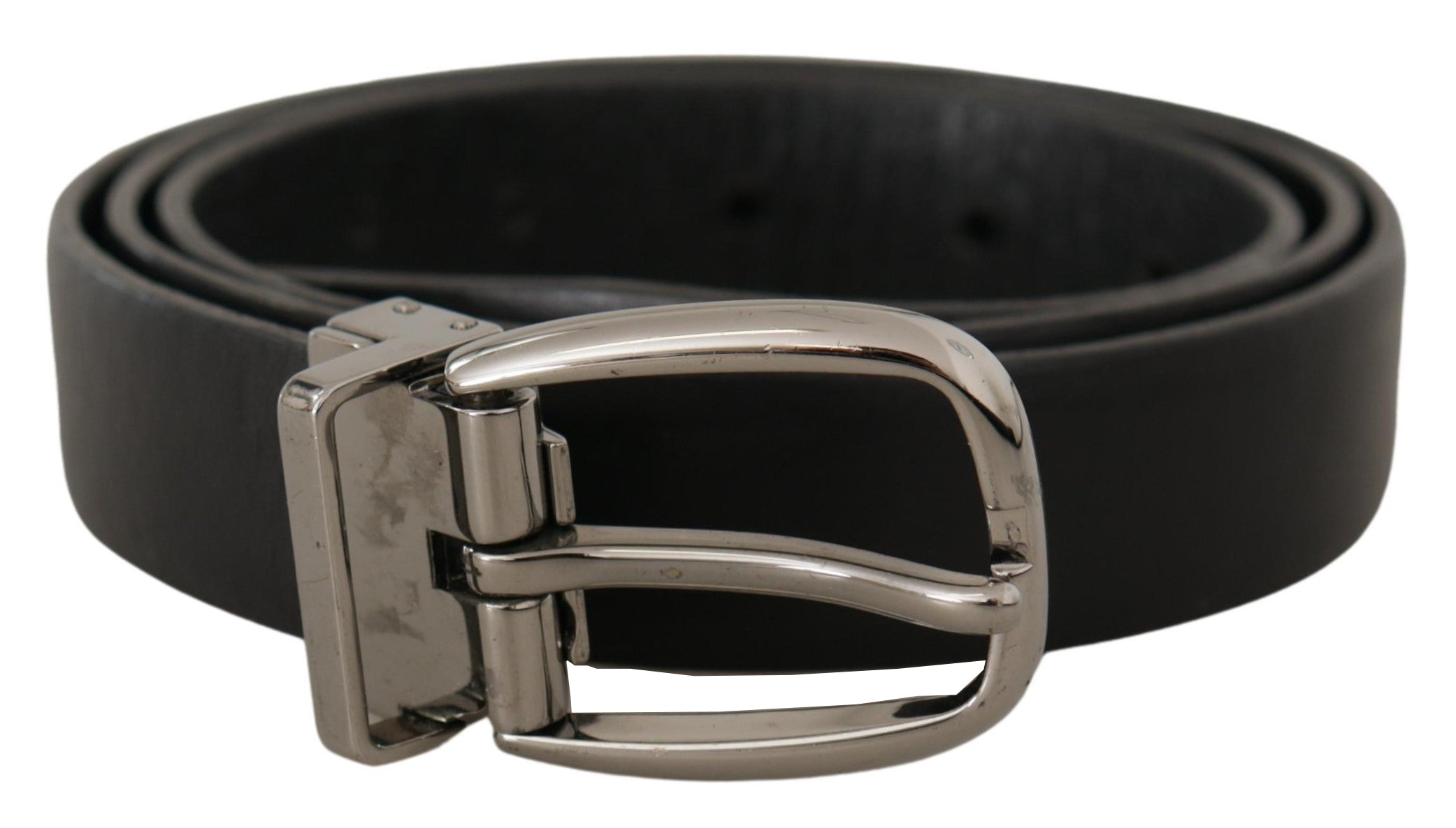 Black Leather Chrome Logo Metal Buckle Belt - ventzia