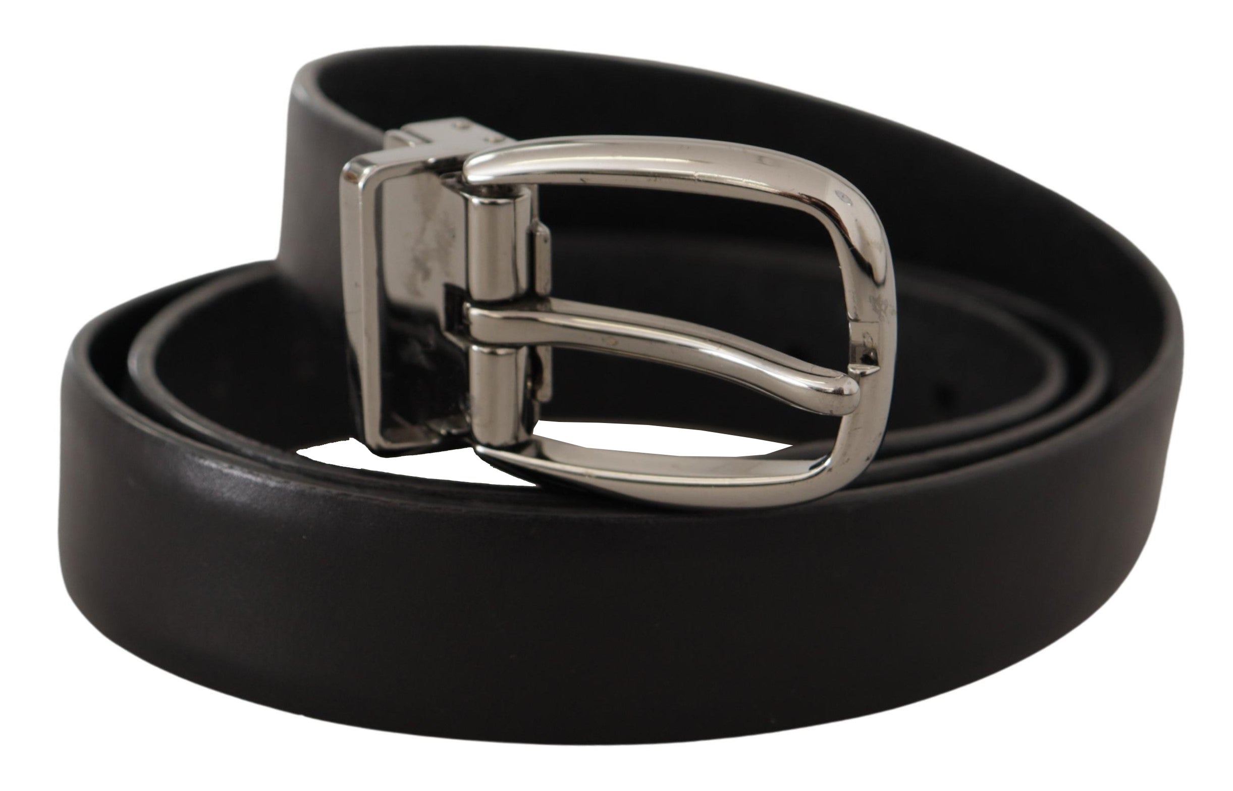Black Leather Chrome Logo Metal Buckle Belt - ventzia