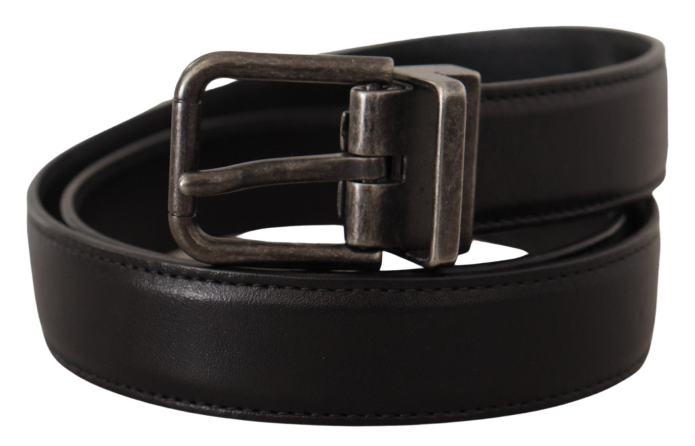 Black Calf Leather Logo Metal Buckle Belt - ventzia