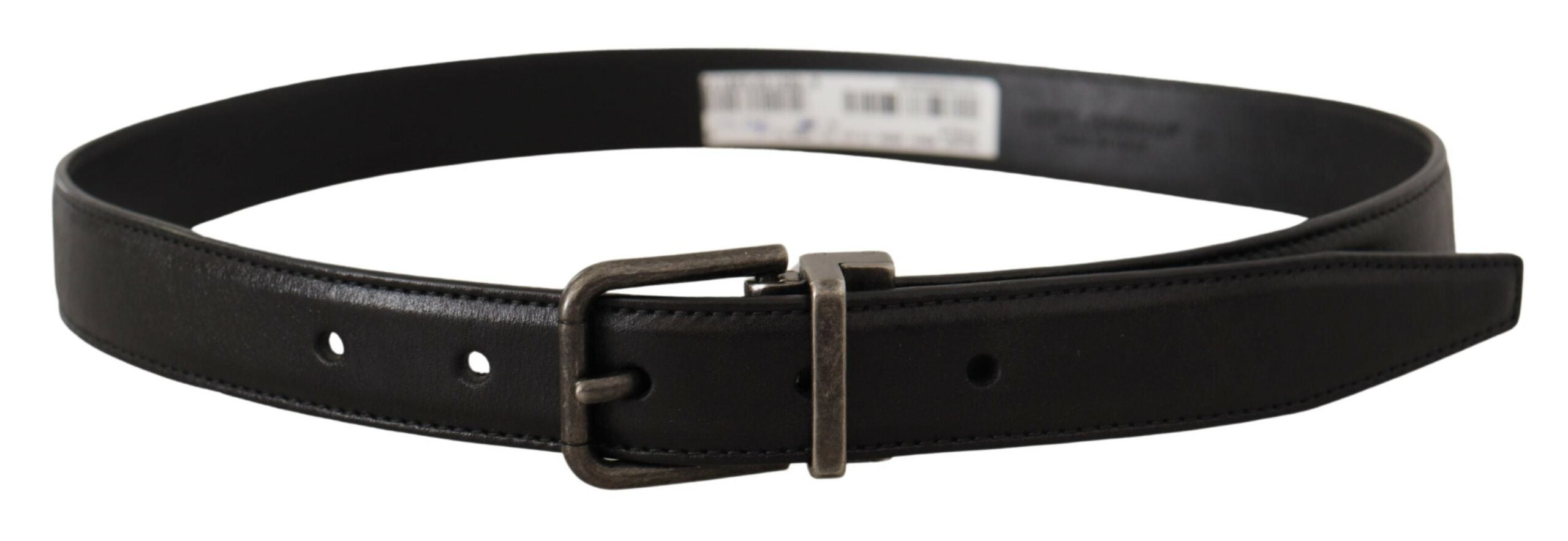Black Calf Leather Logo Metal Buckle Belt - ventzia