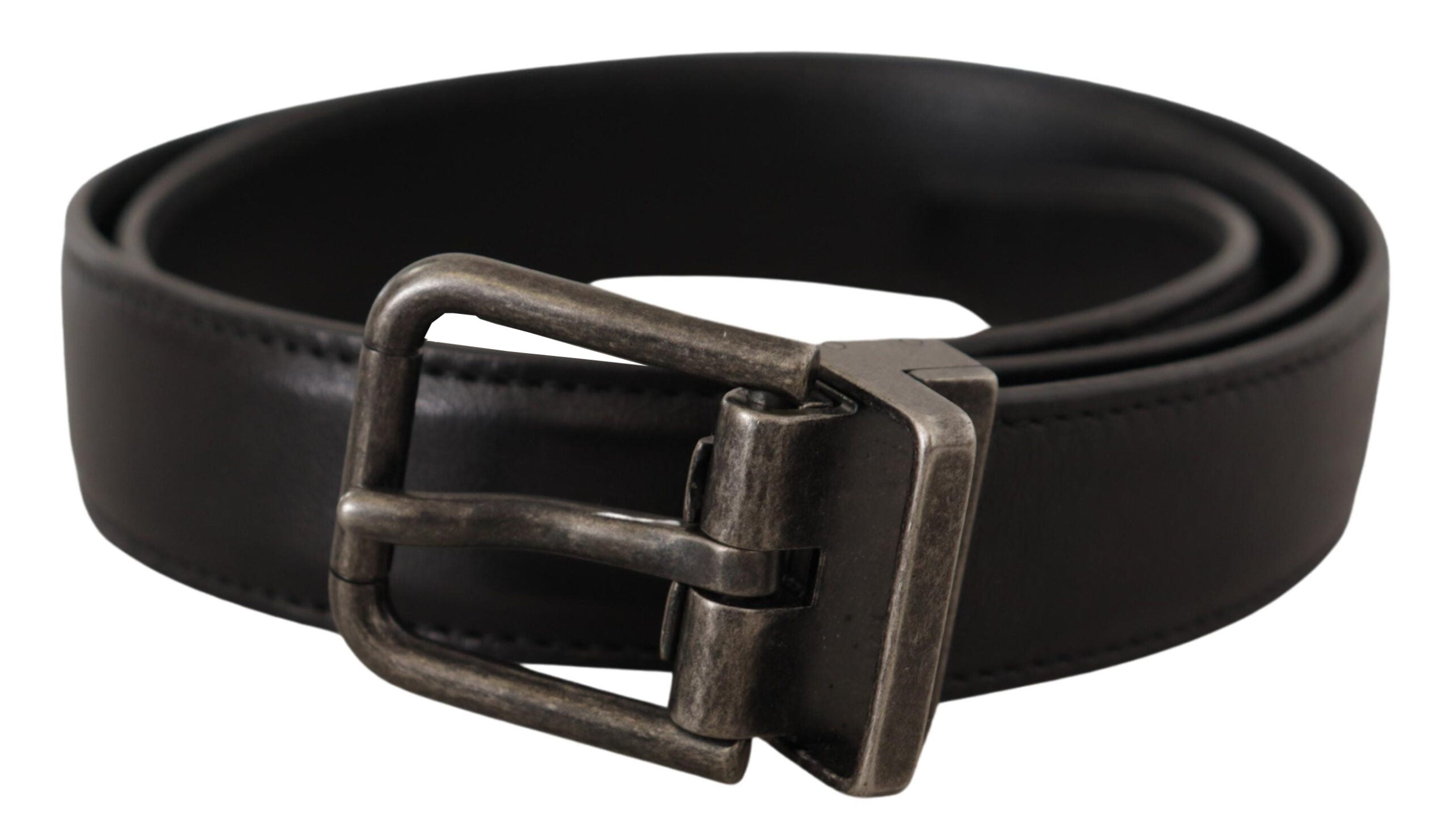 Black Calf Leather Logo Metal Buckle Belt - ventzia