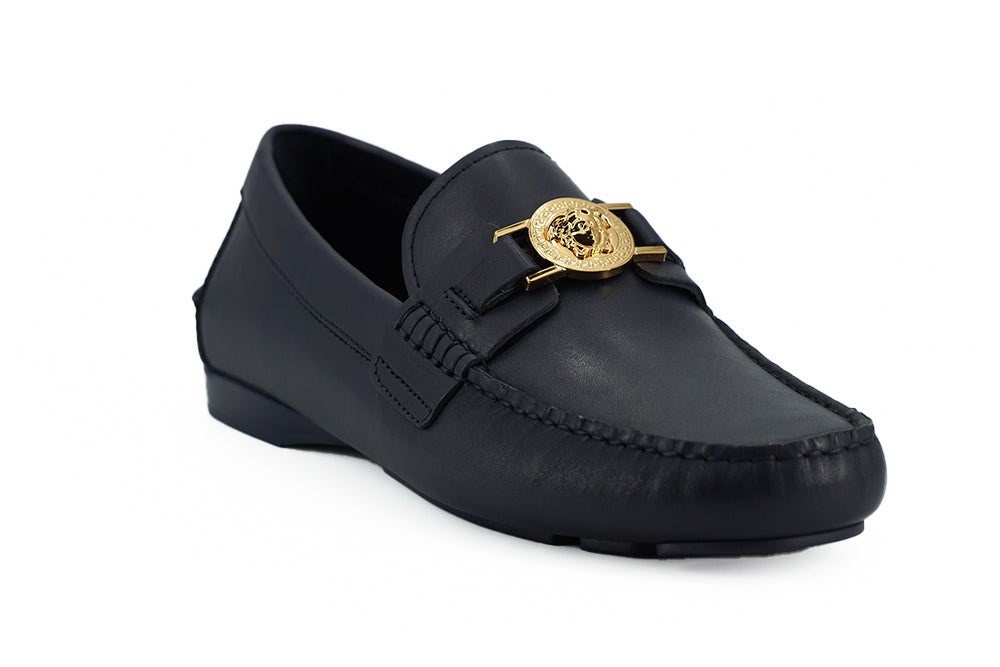 Elegant Navy Blue Calf Leather Loafers - ventzia