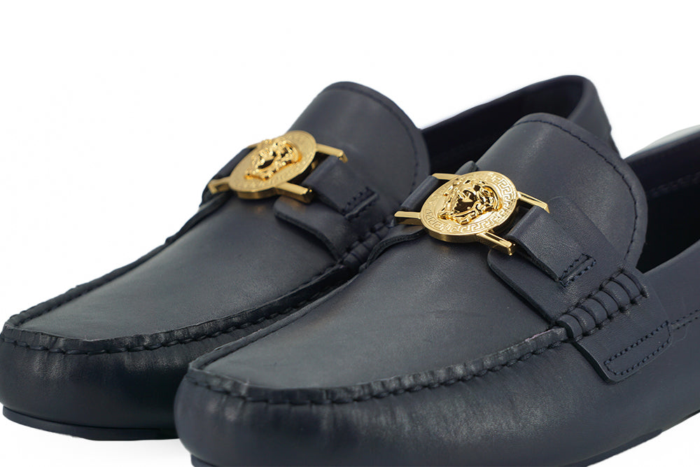 Elegant Navy Blue Calf Leather Loafers - ventzia