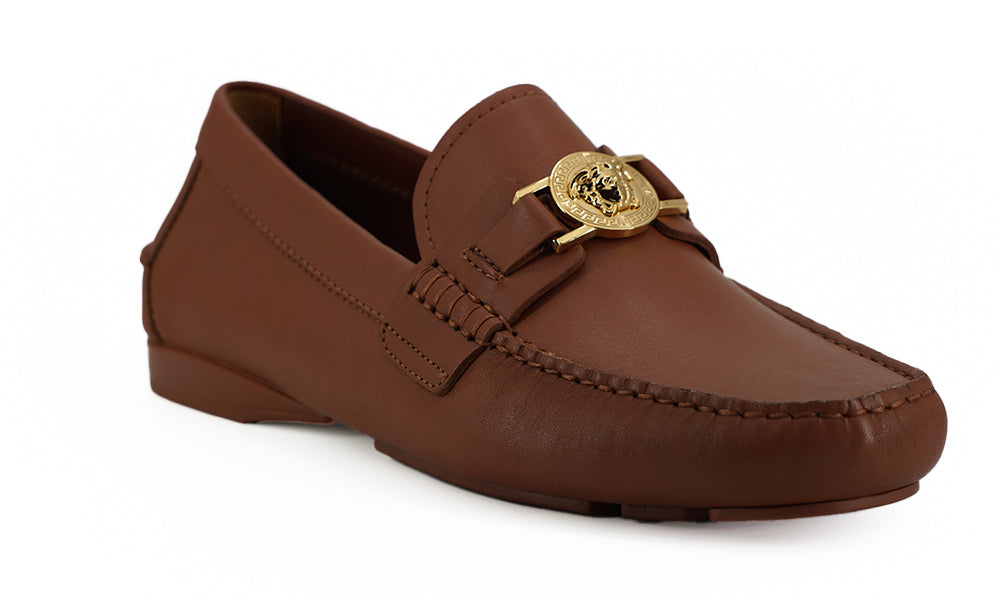 Elegant Medusa-Embossed Leather Loafers - ventzia