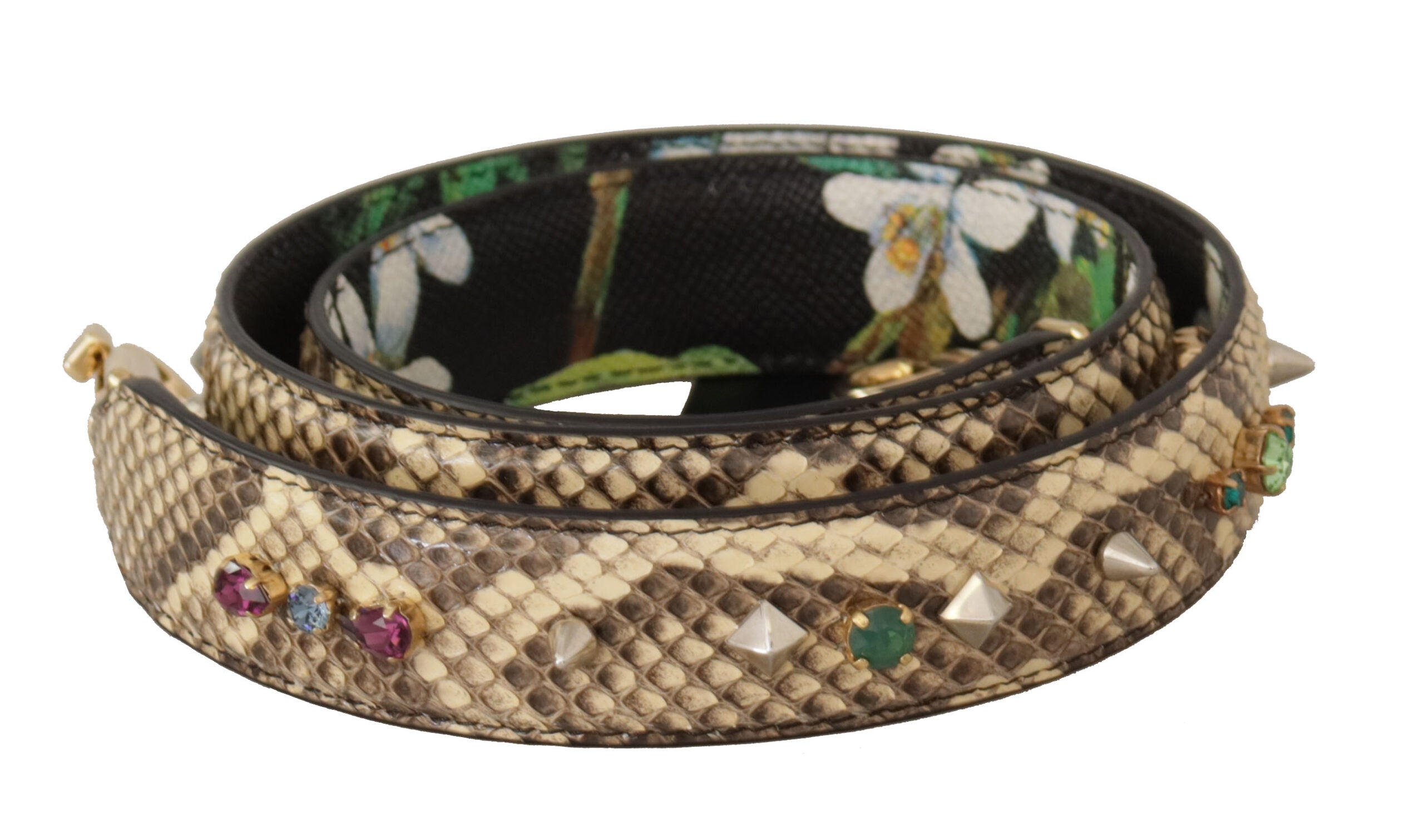 Beige Exotic Leather Crystals Reversible Shoulder Strap - ventzia