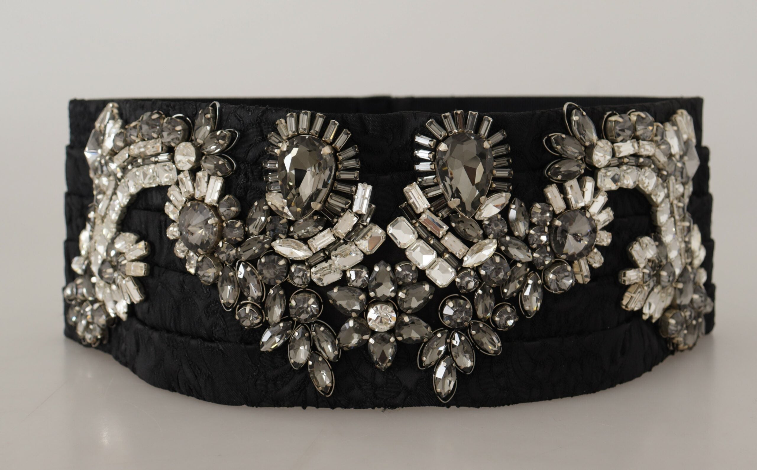 Black Silk Brass Crystal Embellished Waist Belt - ventzia