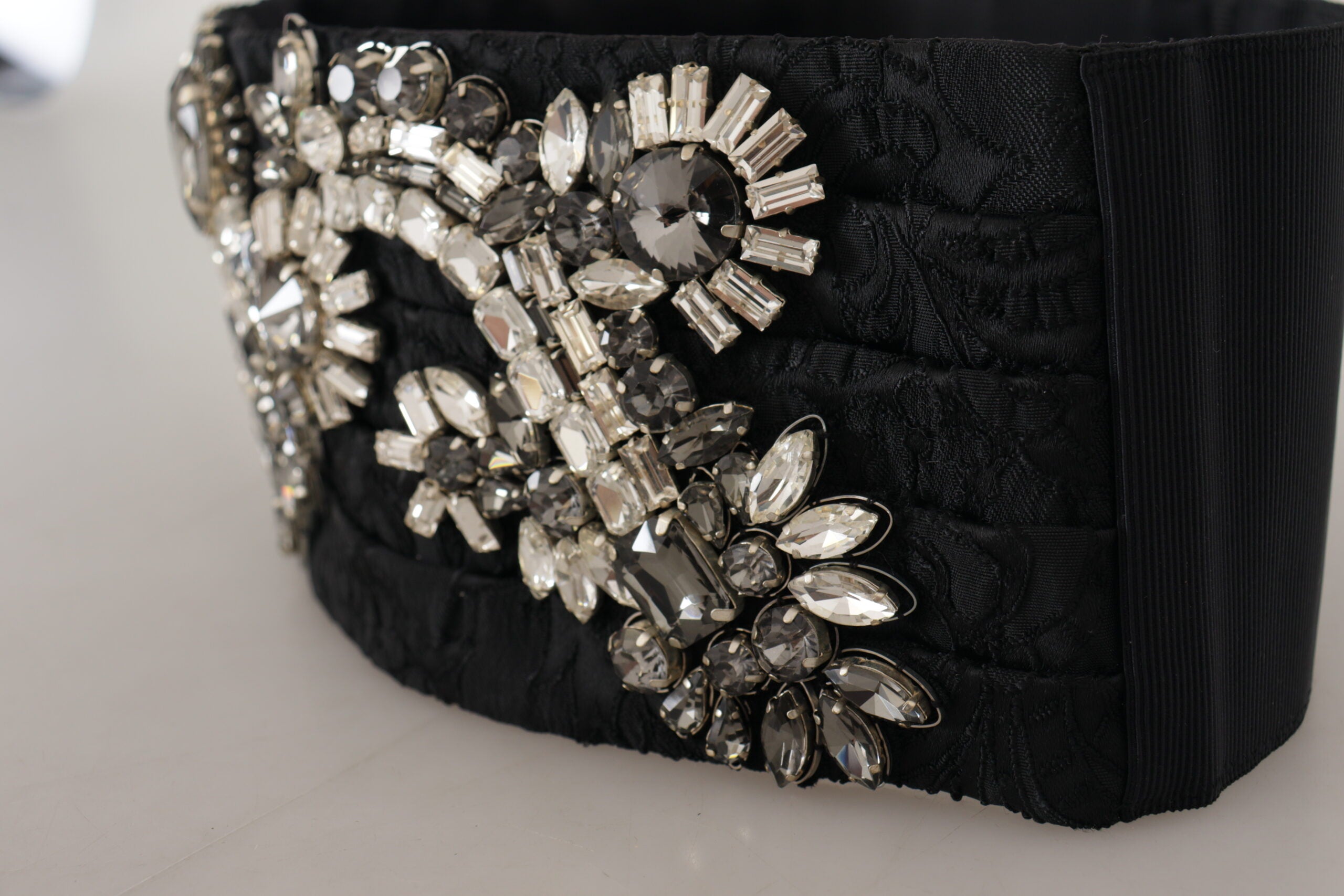 Black Silk Brass Crystal Embellished Waist Belt - ventzia
