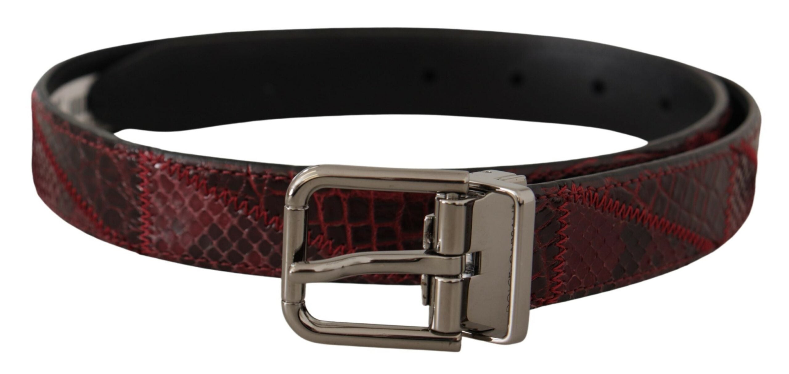 Red Exotic Leather Metal Logo Buckle Belt - ventzia
