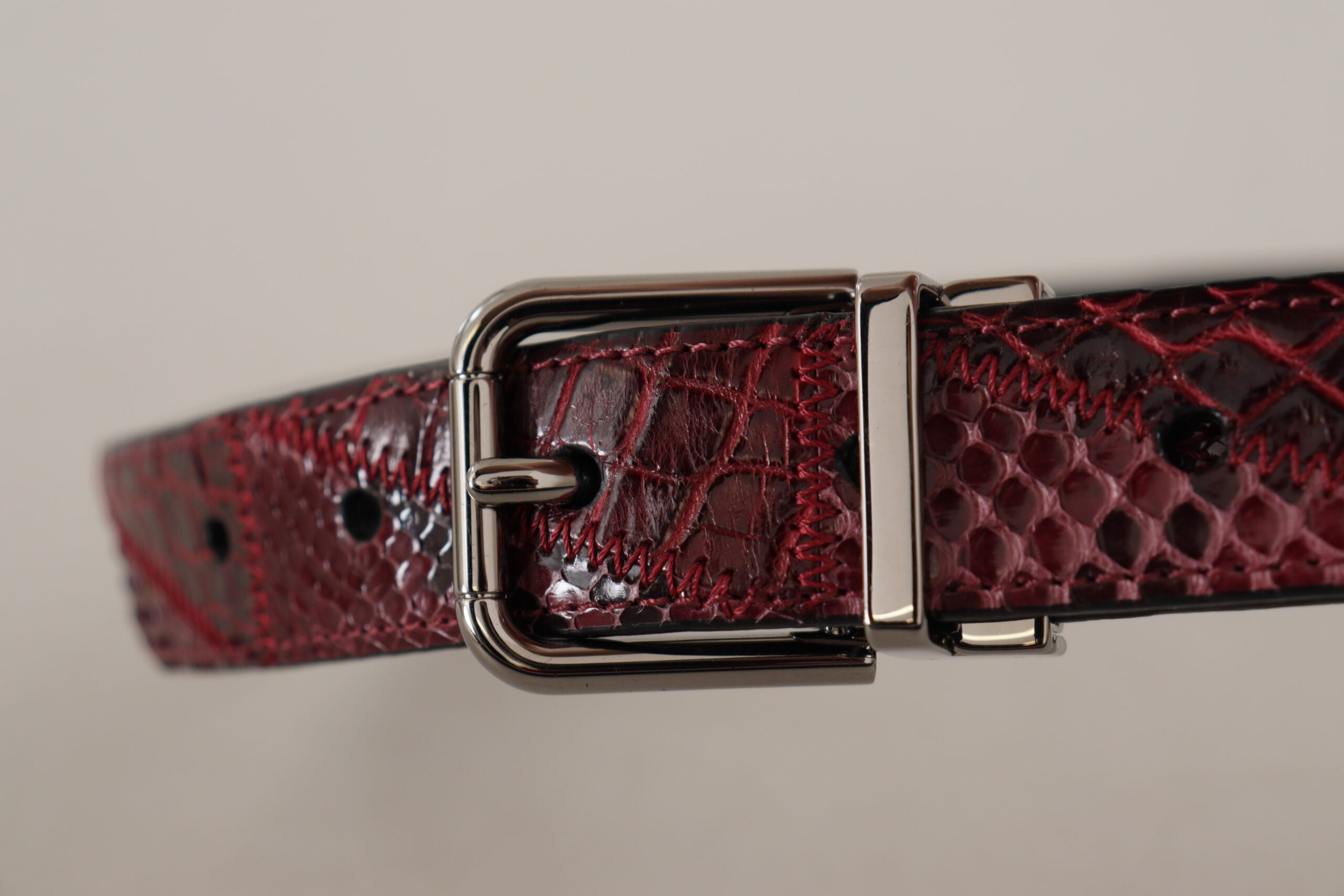 Red Exotic Leather Metal Logo Buckle Belt - ventzia