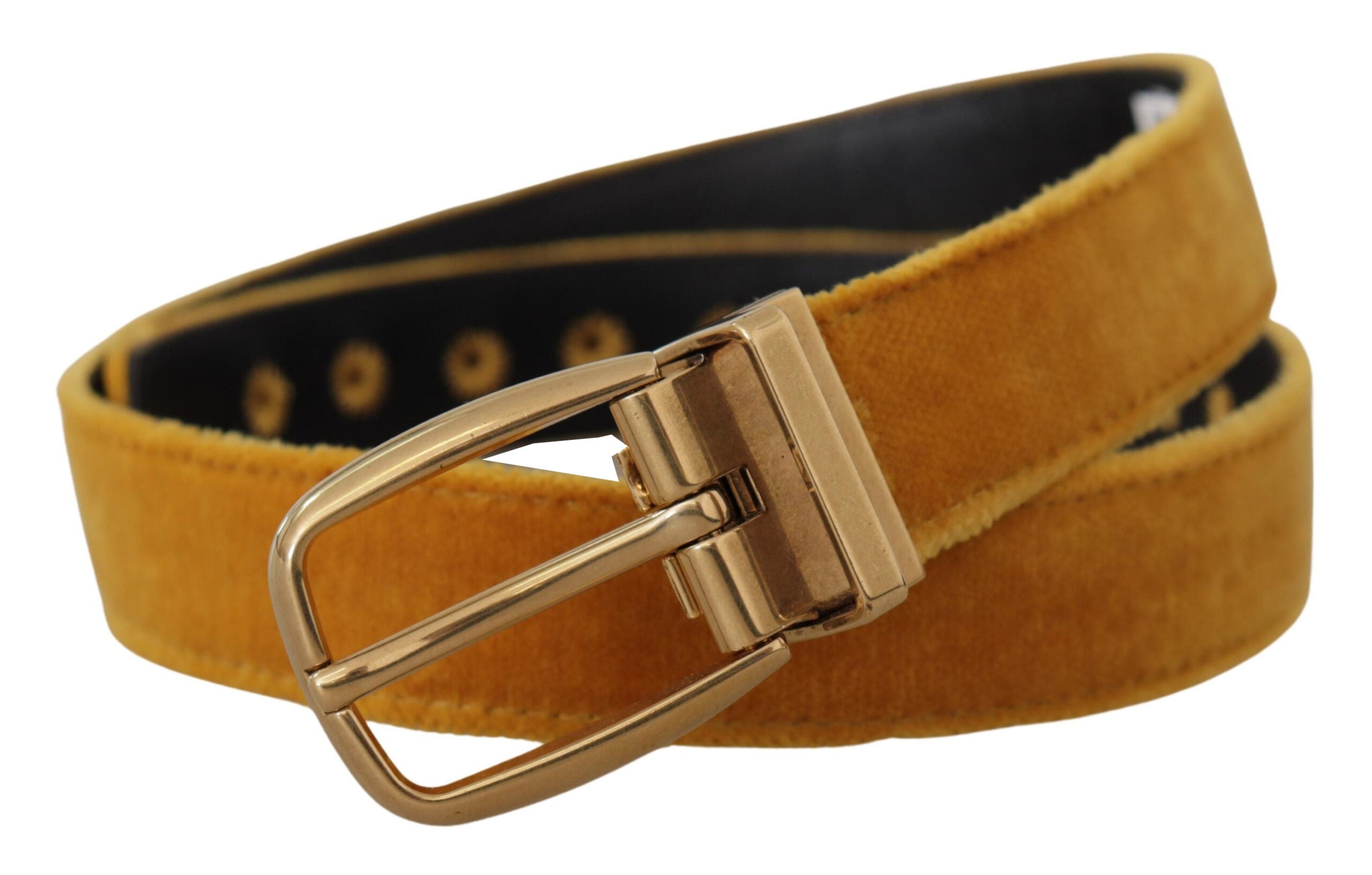 Mustard Velvet Gold Logo Engraved Metal Buckle Belt - ventzia