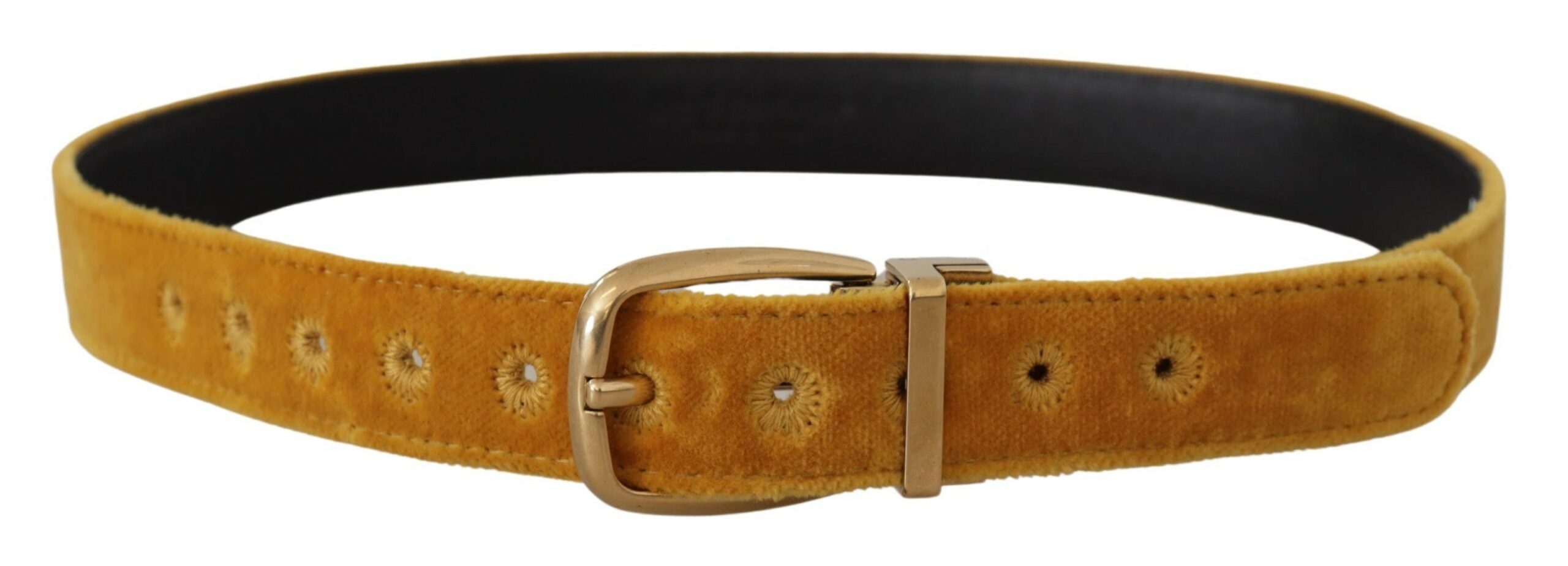 Mustard Velvet Gold Logo Engraved Metal Buckle Belt - ventzia