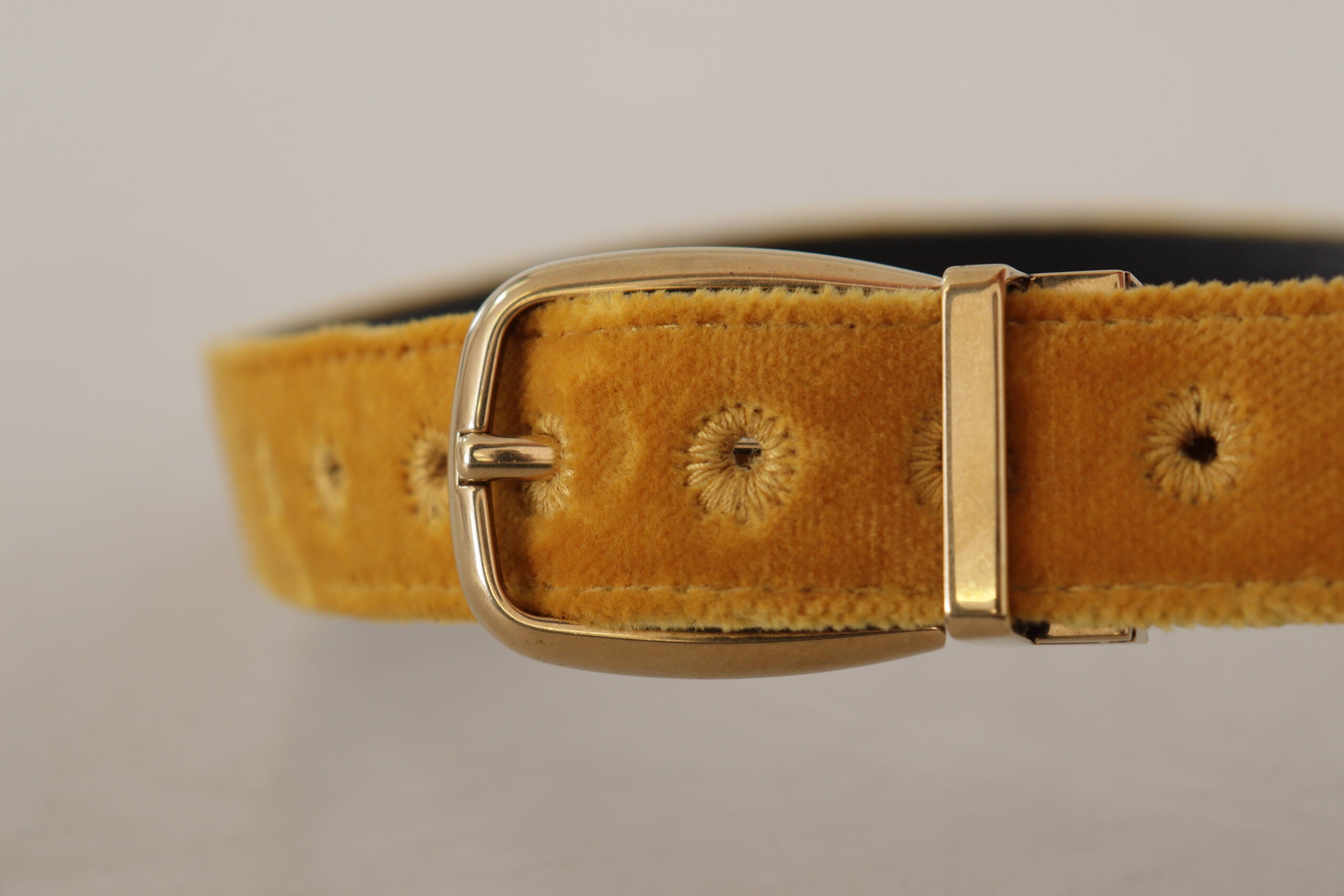 Mustard Velvet Gold Logo Engraved Metal Buckle Belt - ventzia