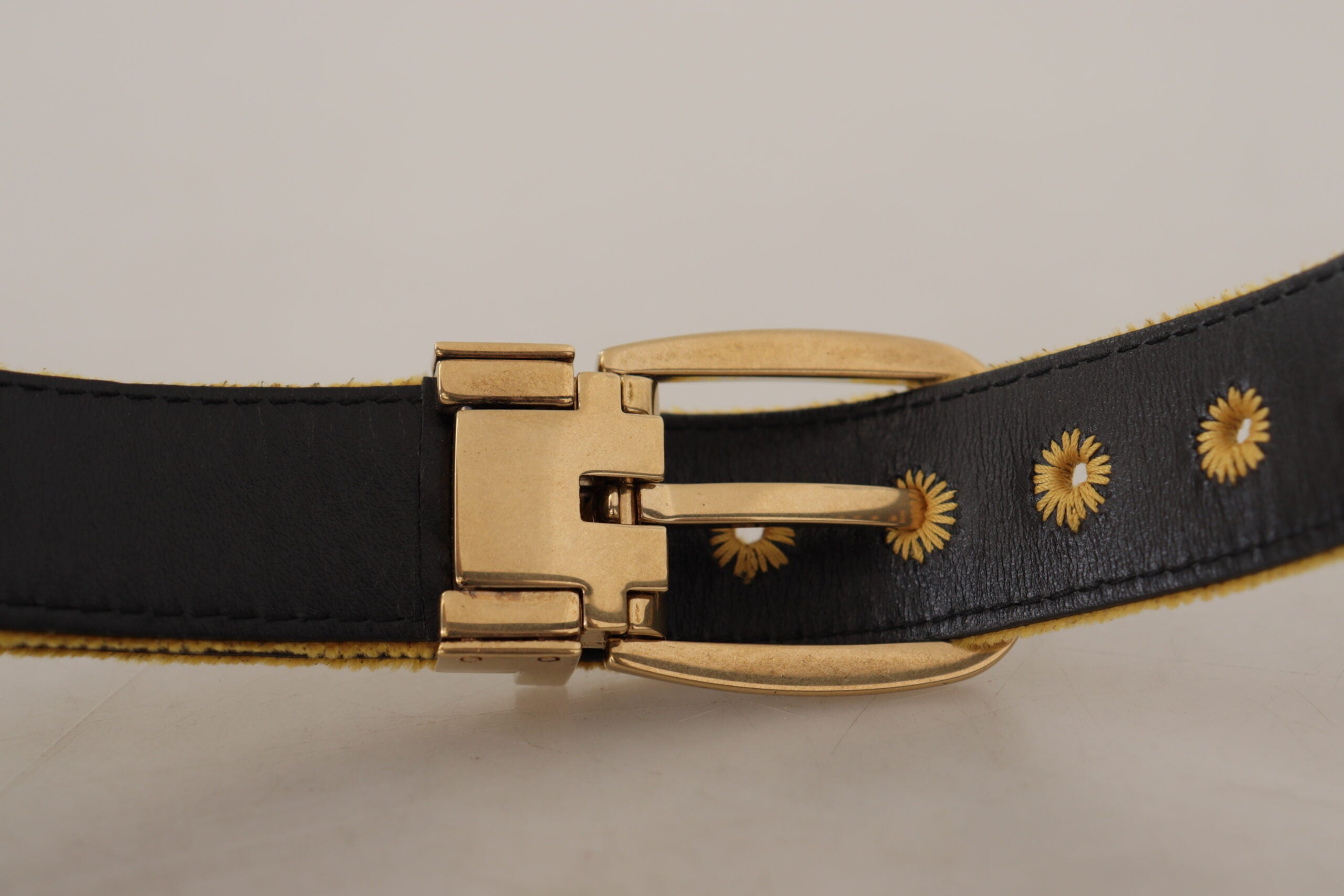 Mustard Velvet Gold Logo Engraved Metal Buckle Belt - ventzia