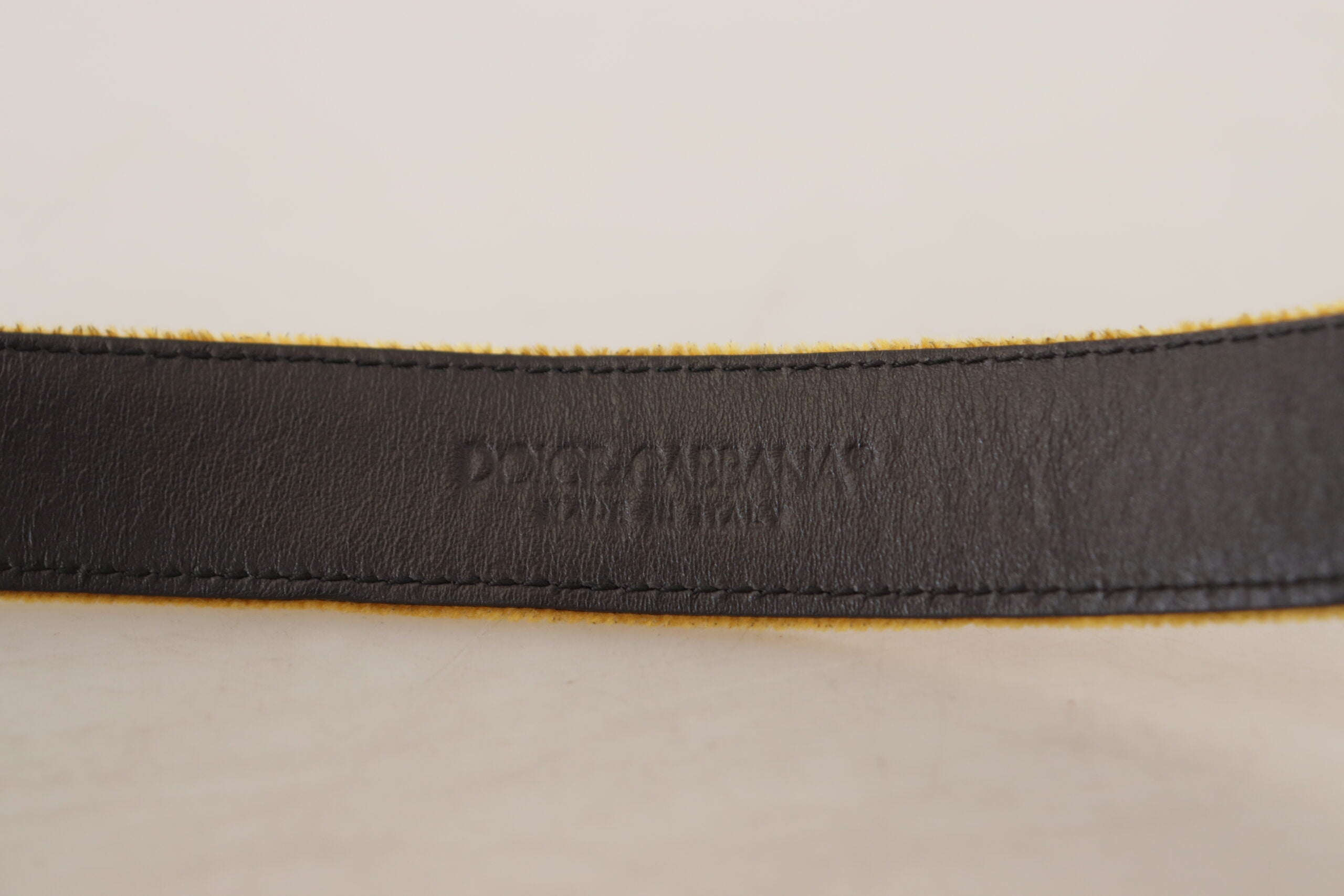Mustard Velvet Gold Logo Engraved Metal Buckle Belt - ventzia
