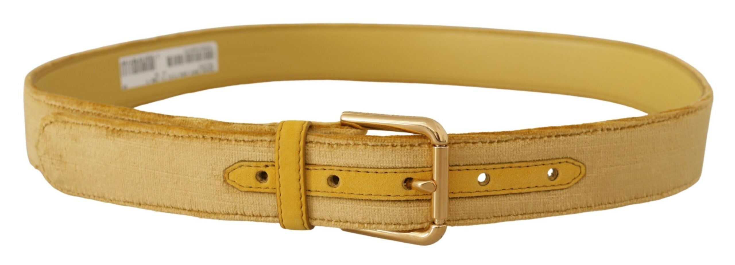 Yellow Velvet Gold Metal Logo Engraved Buckle Belt - ventzia