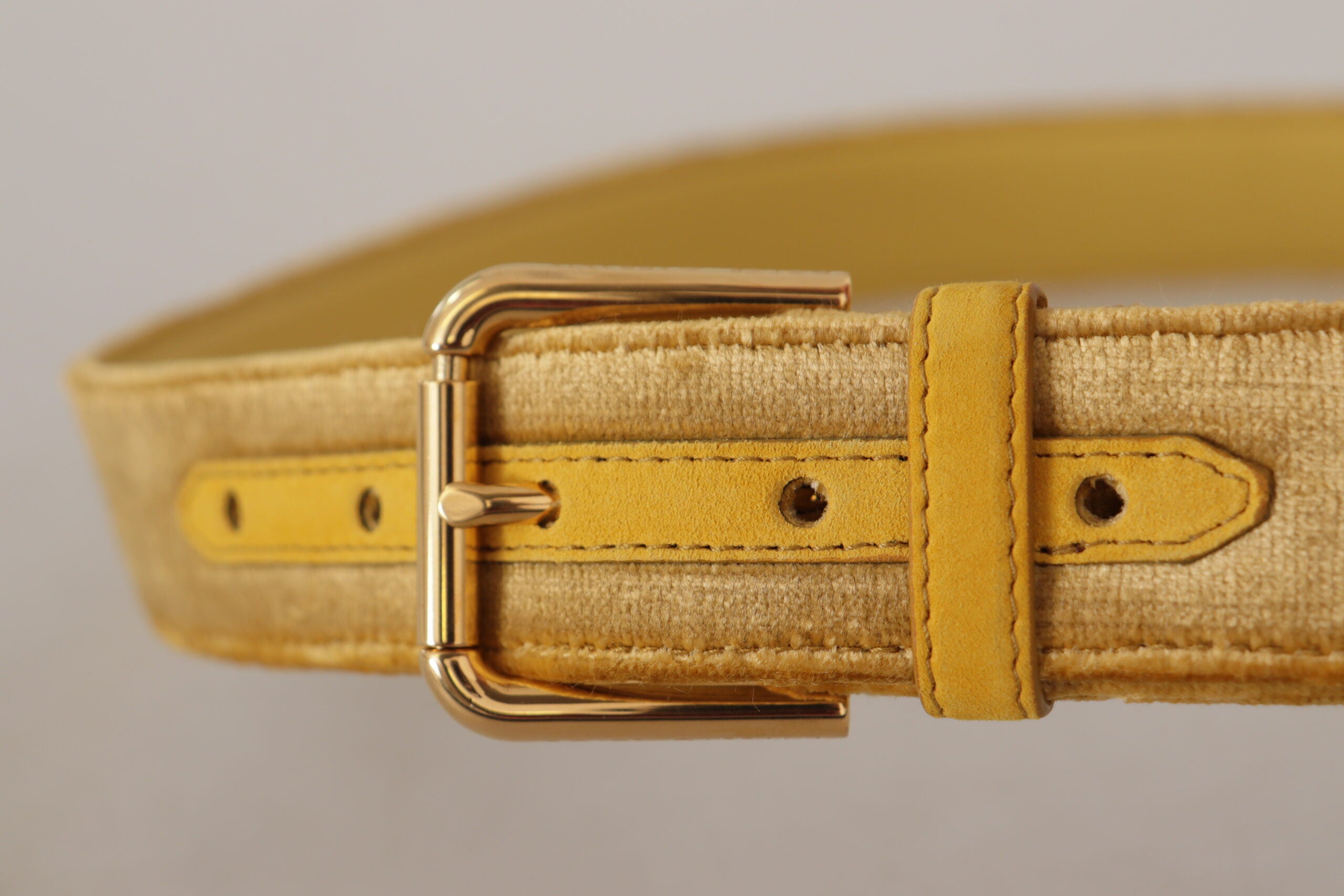 Yellow Velvet Gold Metal Logo Engraved Buckle Belt - ventzia