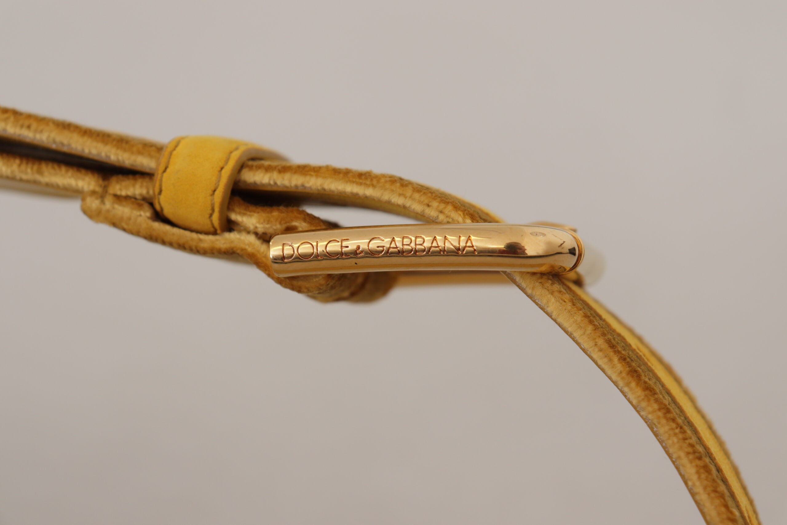 Yellow Velvet Gold Metal Logo Engraved Buckle Belt - ventzia
