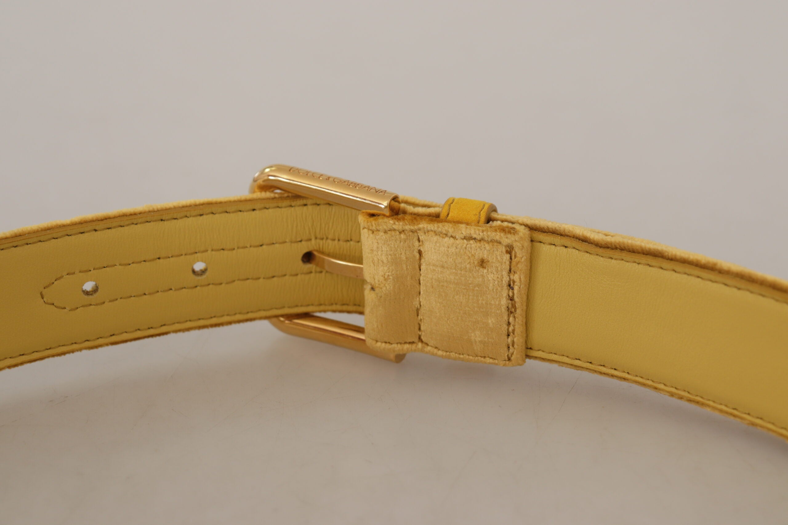 Yellow Velvet Gold Metal Logo Engraved Buckle Belt - ventzia