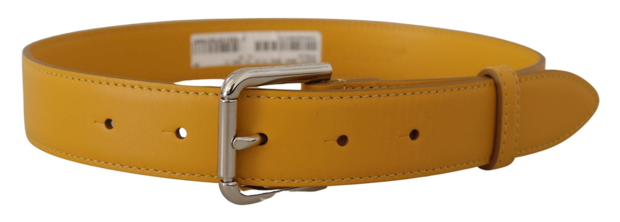 Yellow Leather Silver Tone Logo Metal Buckle Belt - ventzia