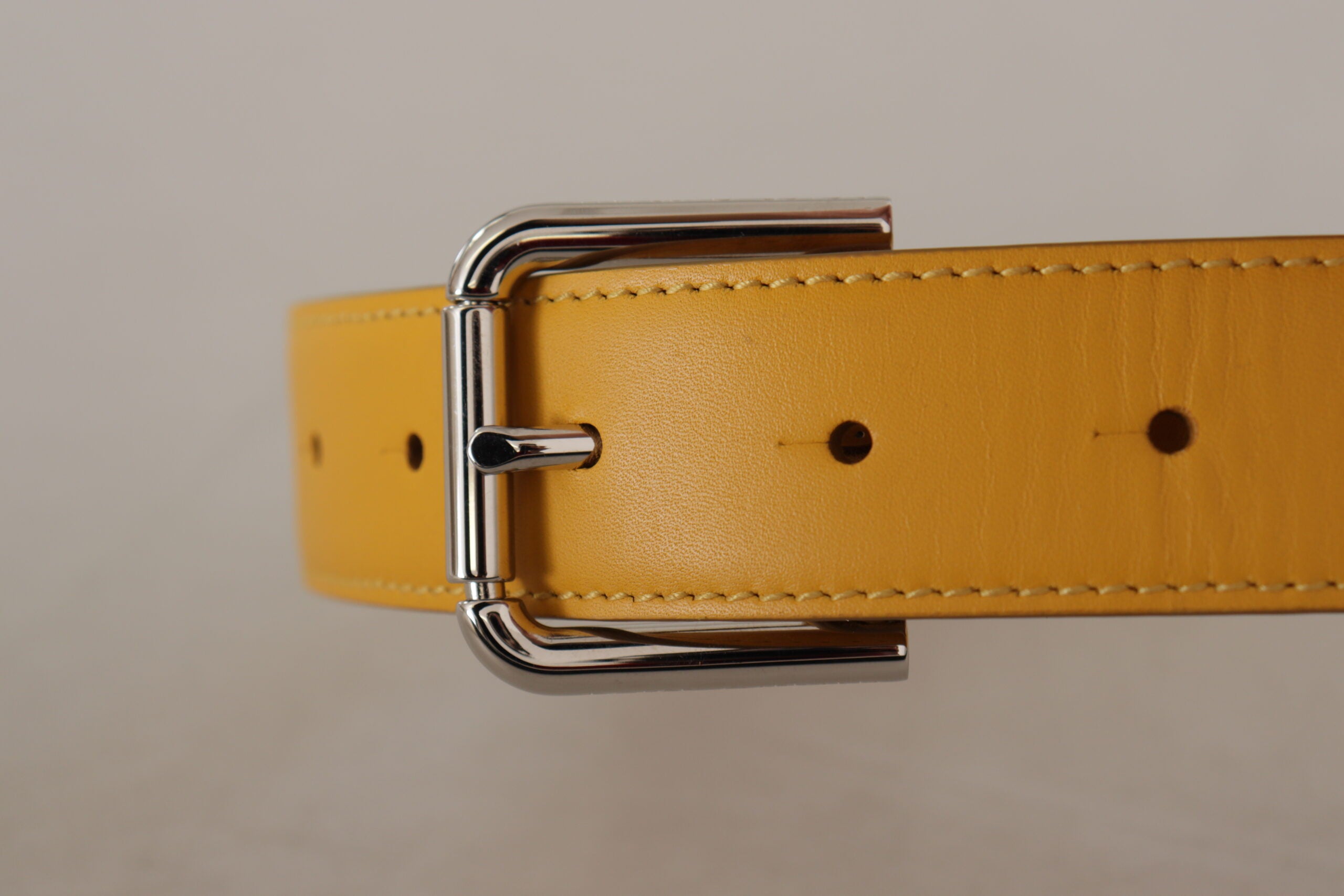 Yellow Leather Silver Tone Logo Metal Buckle Belt - ventzia