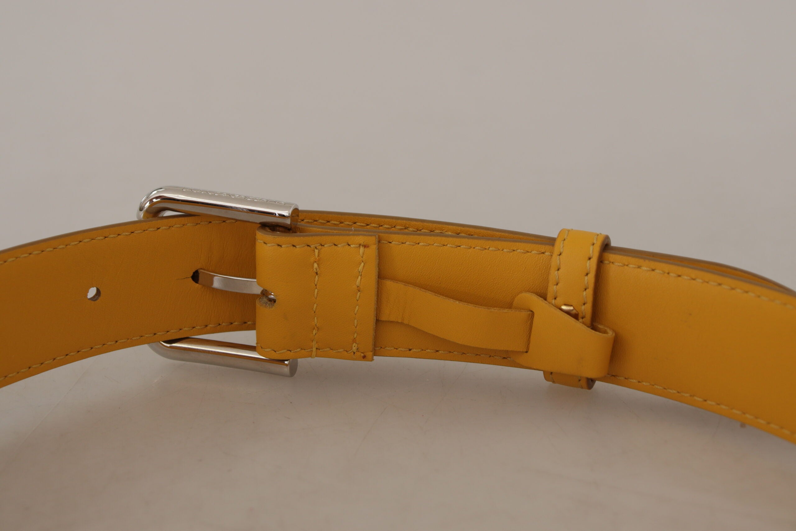Yellow Leather Silver Tone Logo Metal Buckle Belt - ventzia