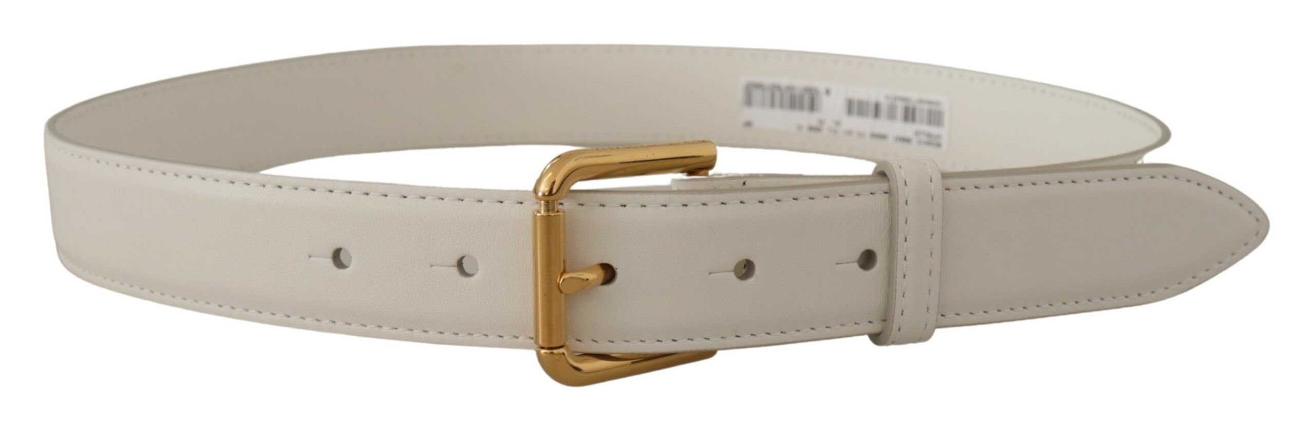 White Calf Leather Gold Tone Logo Metal Buckle Belt - ventzia