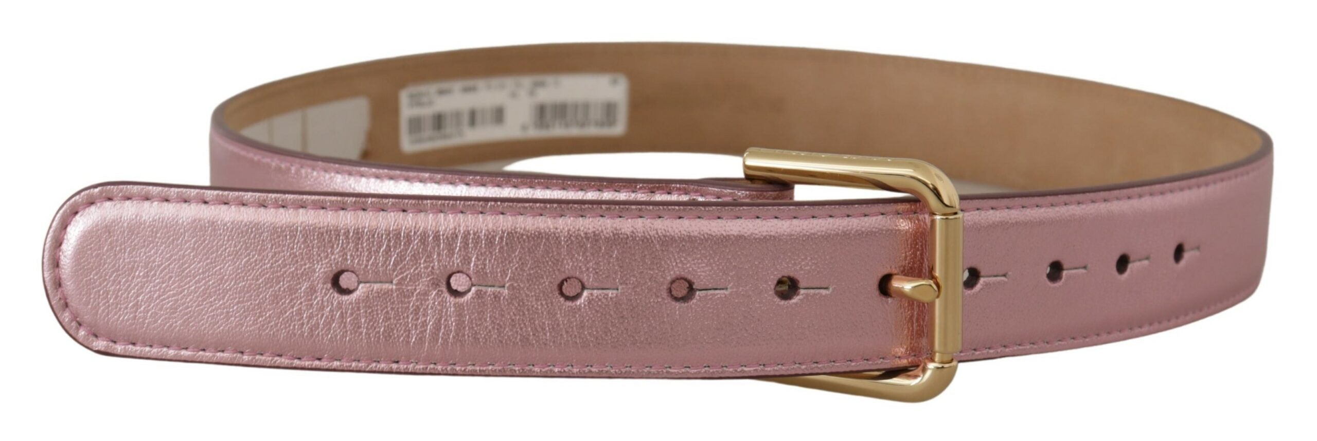Metallic Pink Polished Leather Logo Metal Buckle Belt - ventzia