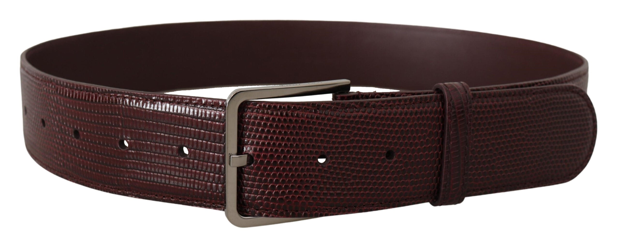 Maroon Calf Leather Wide Logo Engraved Buckle Belt - ventzia