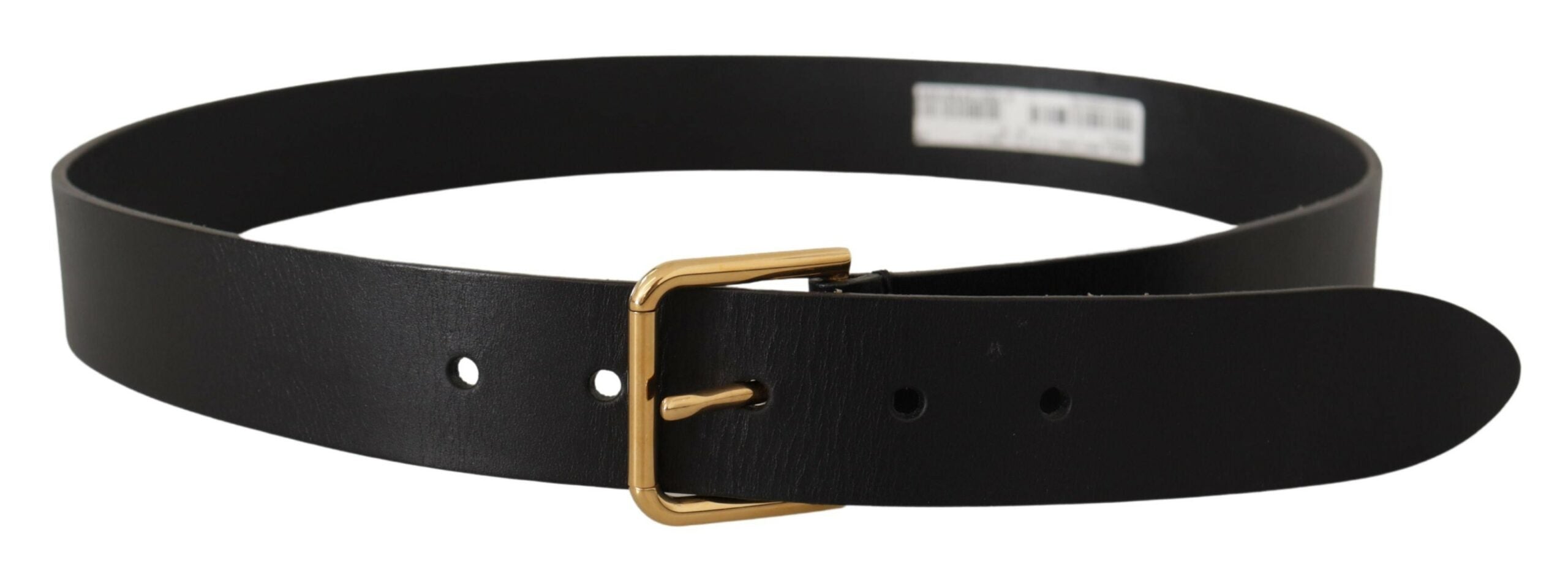 Black Calf Leather Gold Tone Logo Metal Buckle Belt - ventzia