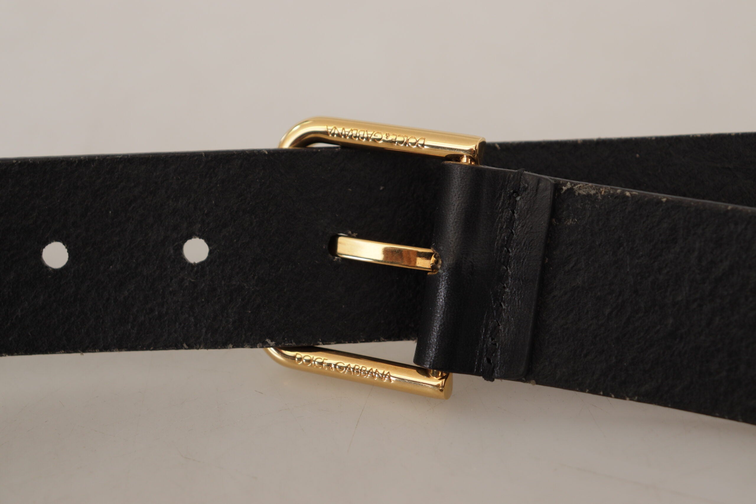 Black Calf Leather Gold Tone Logo Metal Buckle Belt - ventzia
