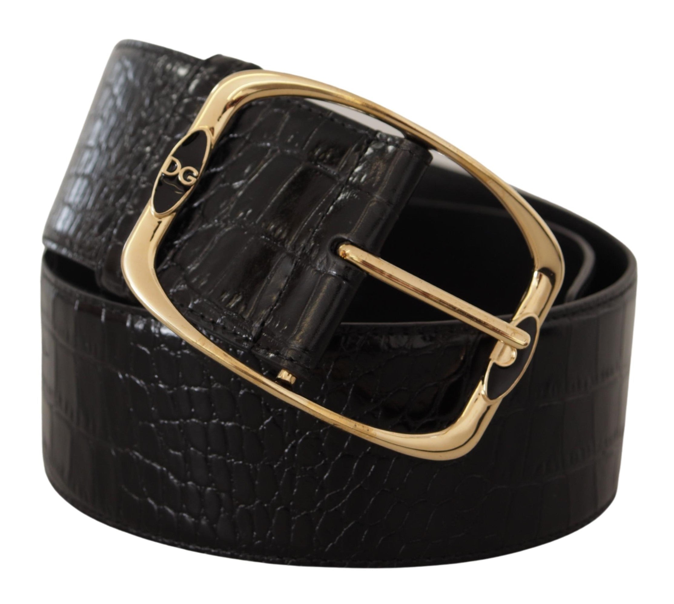 Black Crocodile Print Gold Metal DG Logo Buckle Belt - ventzia