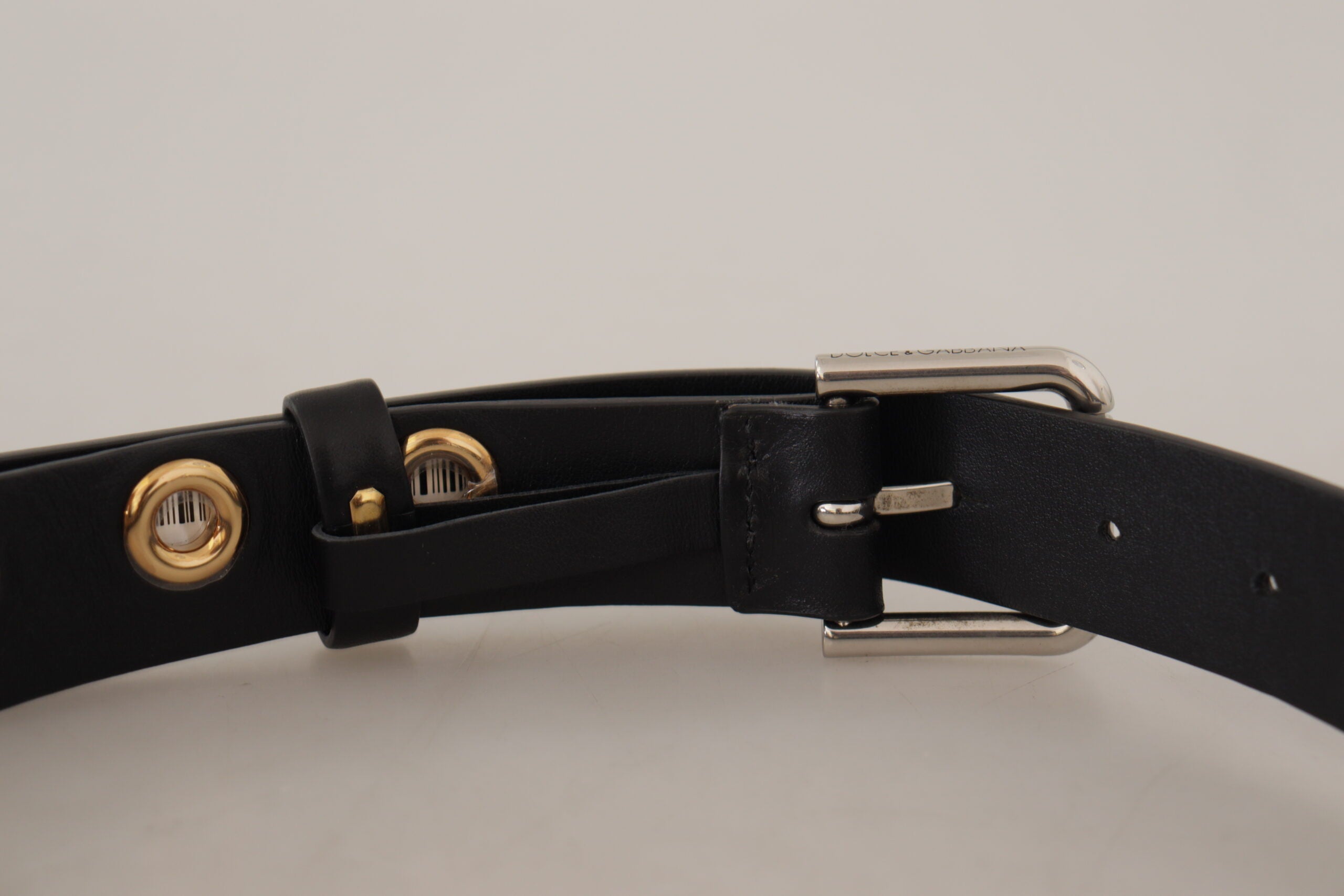Black Leather Eyelet Silver Tone Metal Buckle Belt - ventzia