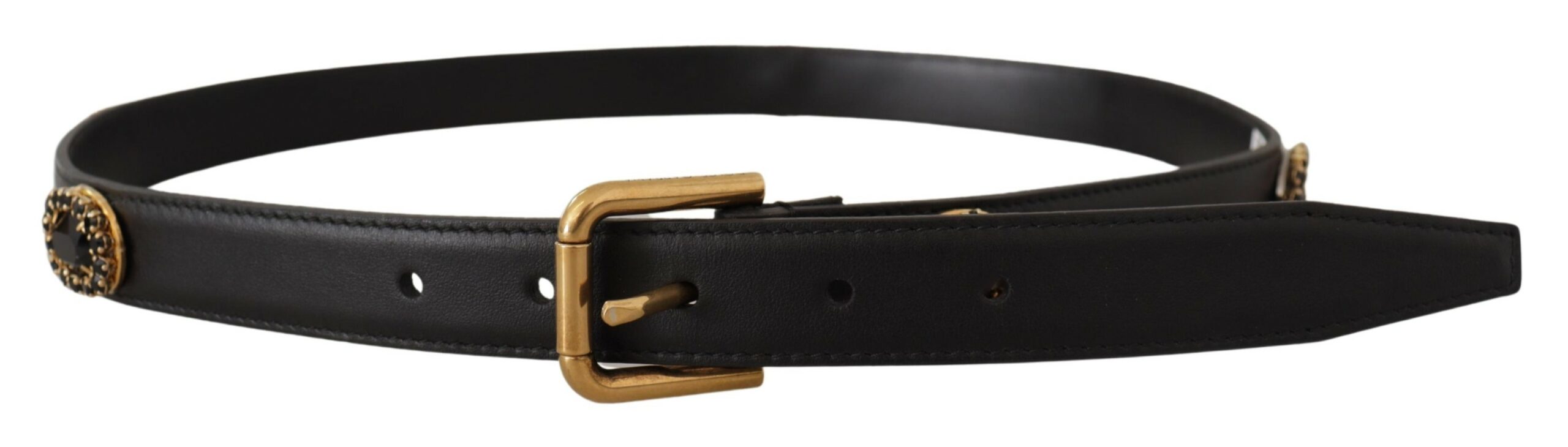 Black Leather Embellished Crystal Logo Belt - ventzia
