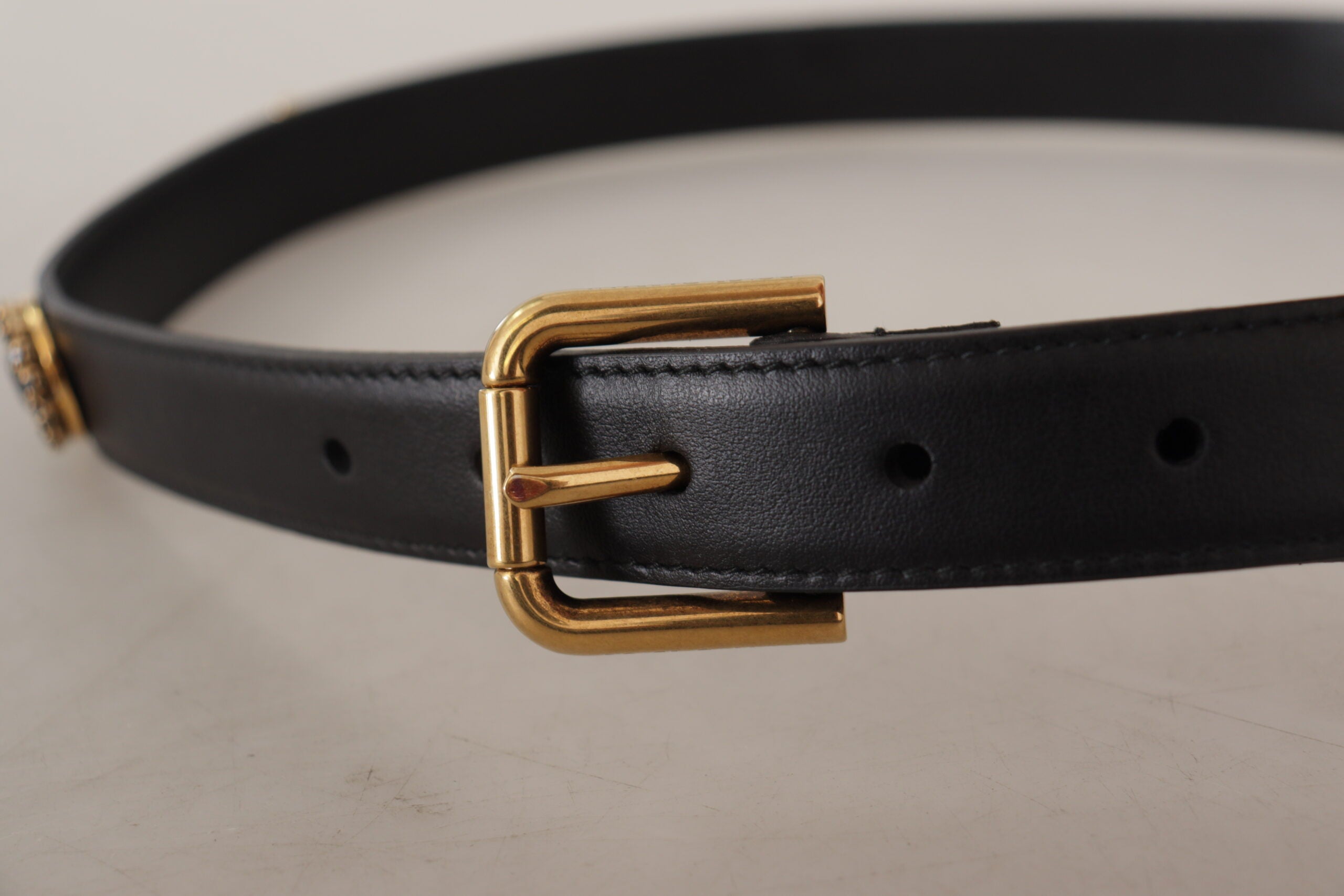 Black Leather Embellished Crystal Logo Belt - ventzia
