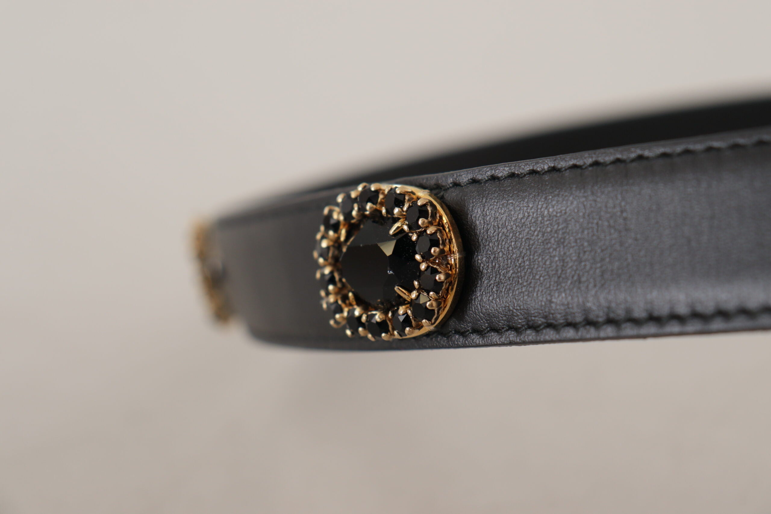 Black Leather Embellished Crystal Logo Belt - ventzia