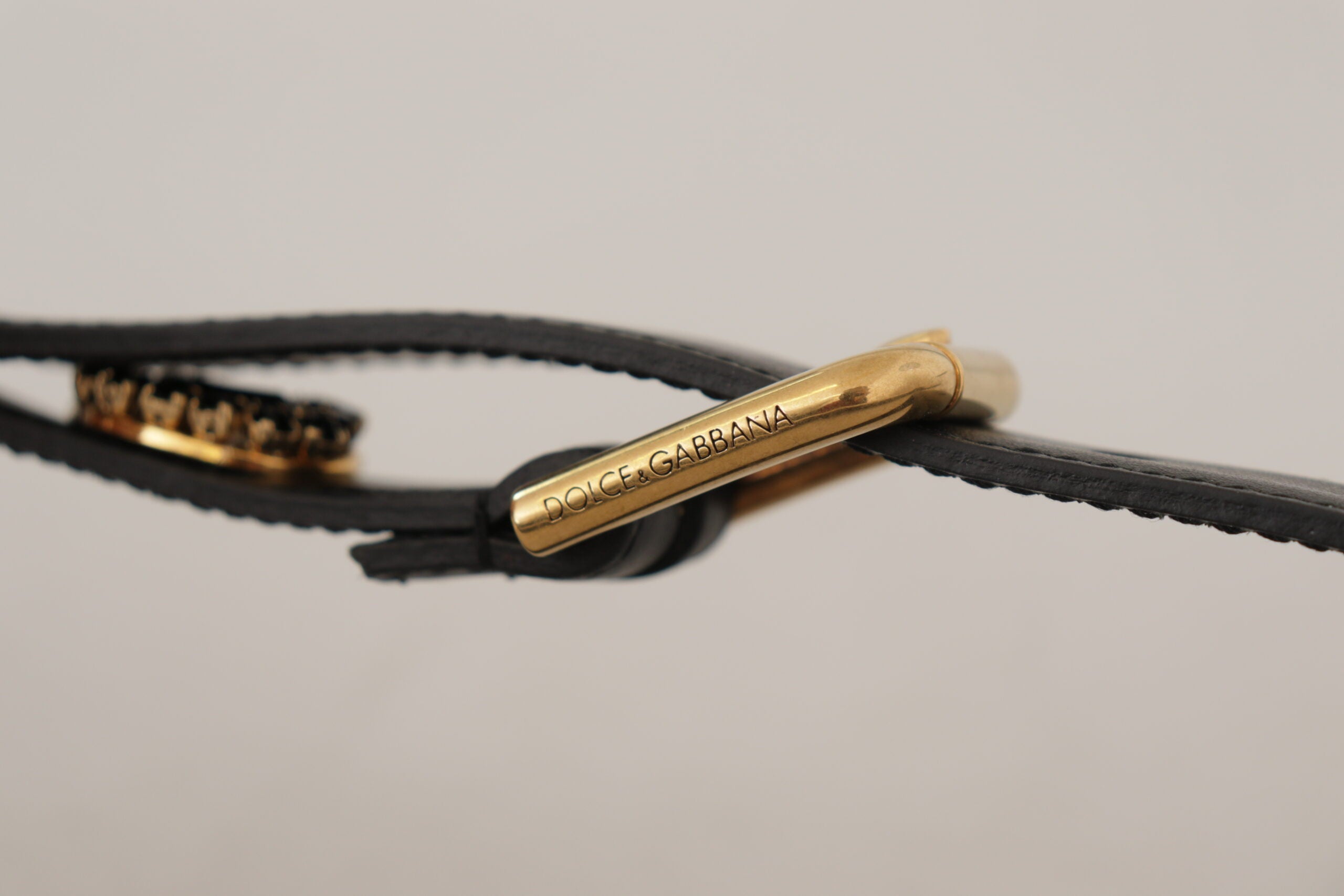 Black Leather Embellished Crystal Logo Belt - ventzia